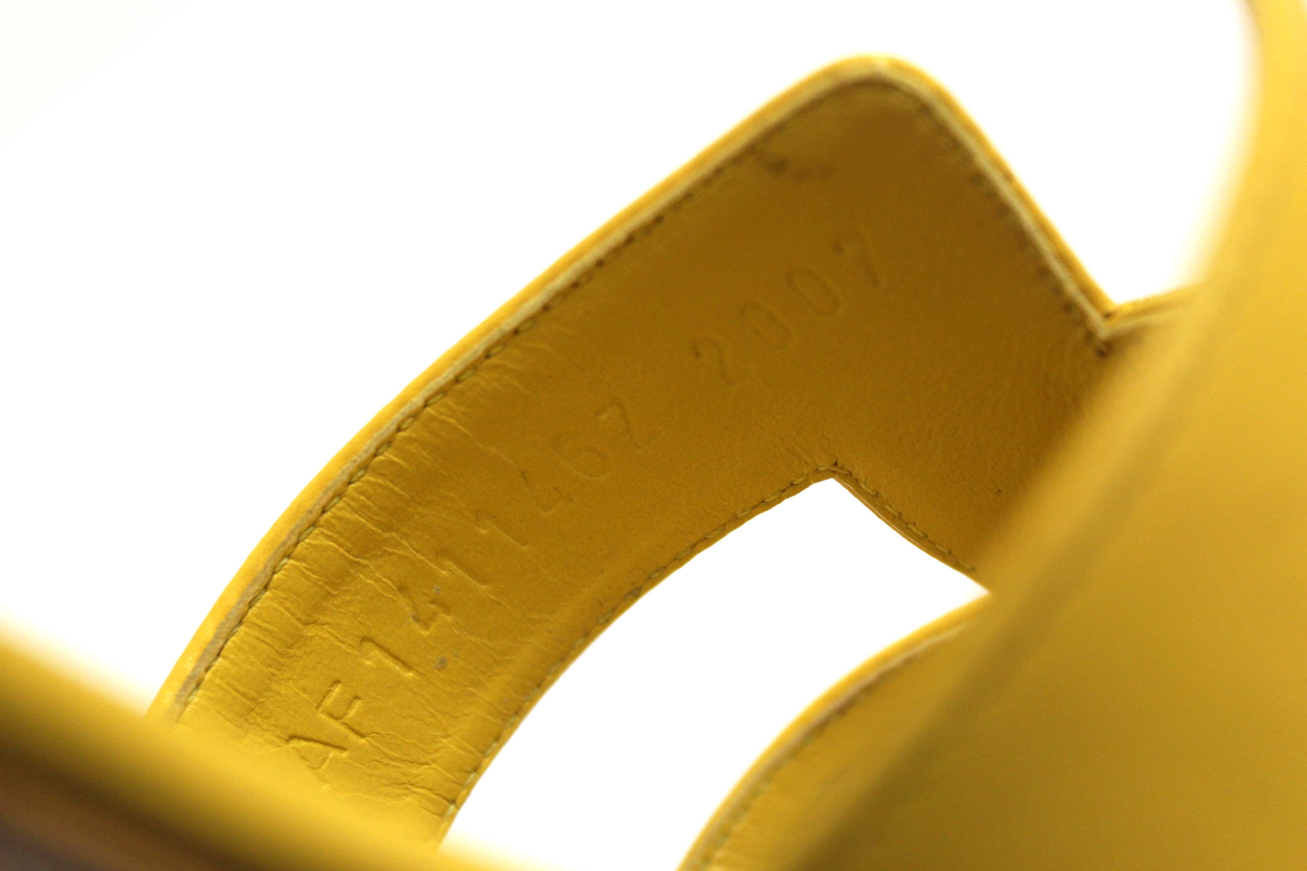 Authentic Hermes Yellow Calfskin Leather Oasis H Sandals Shoes with Block Heels Size 37