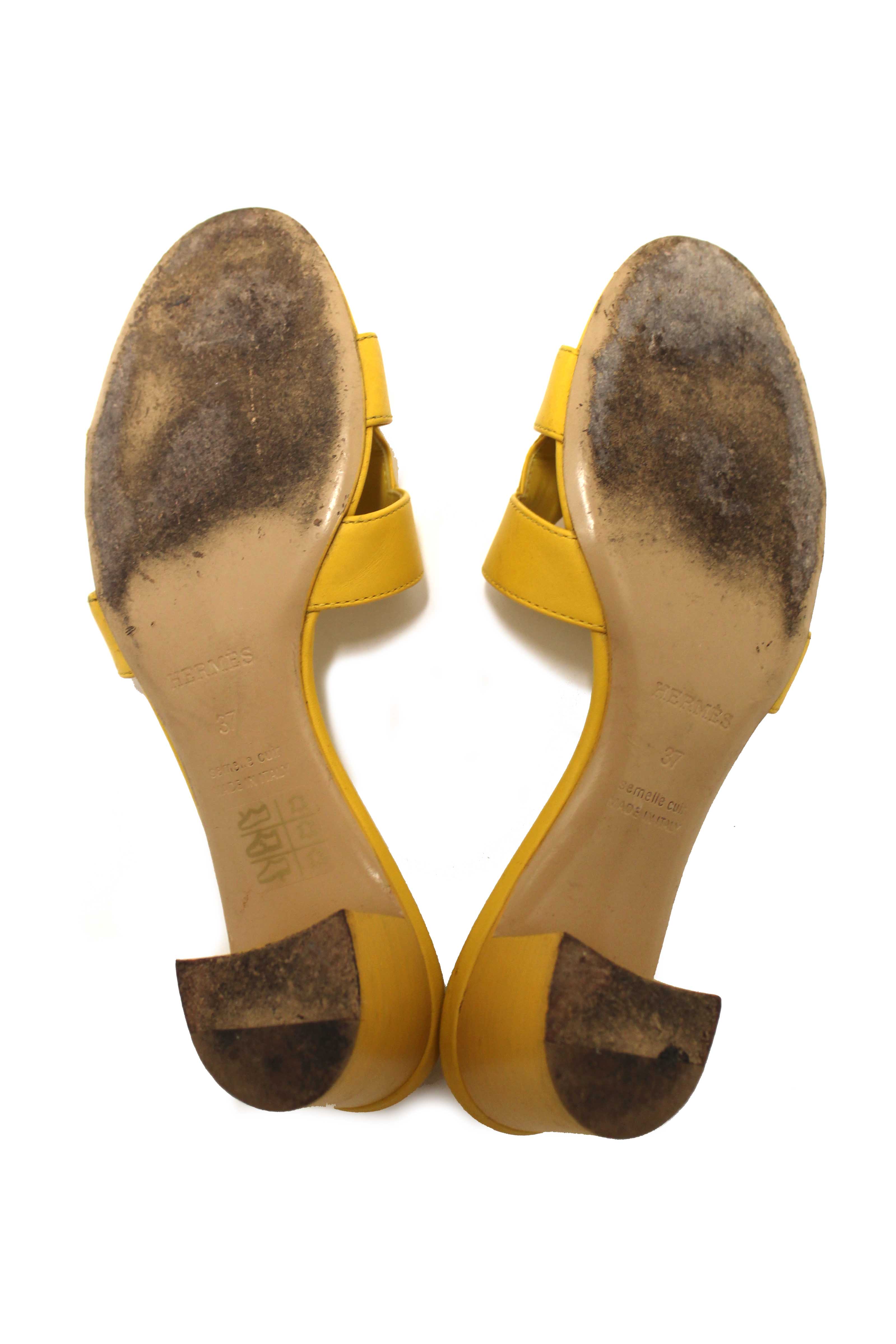 Authentic Hermes Yellow Calfskin Leather Oasis H Sandals Shoes with Block Heels Size 37