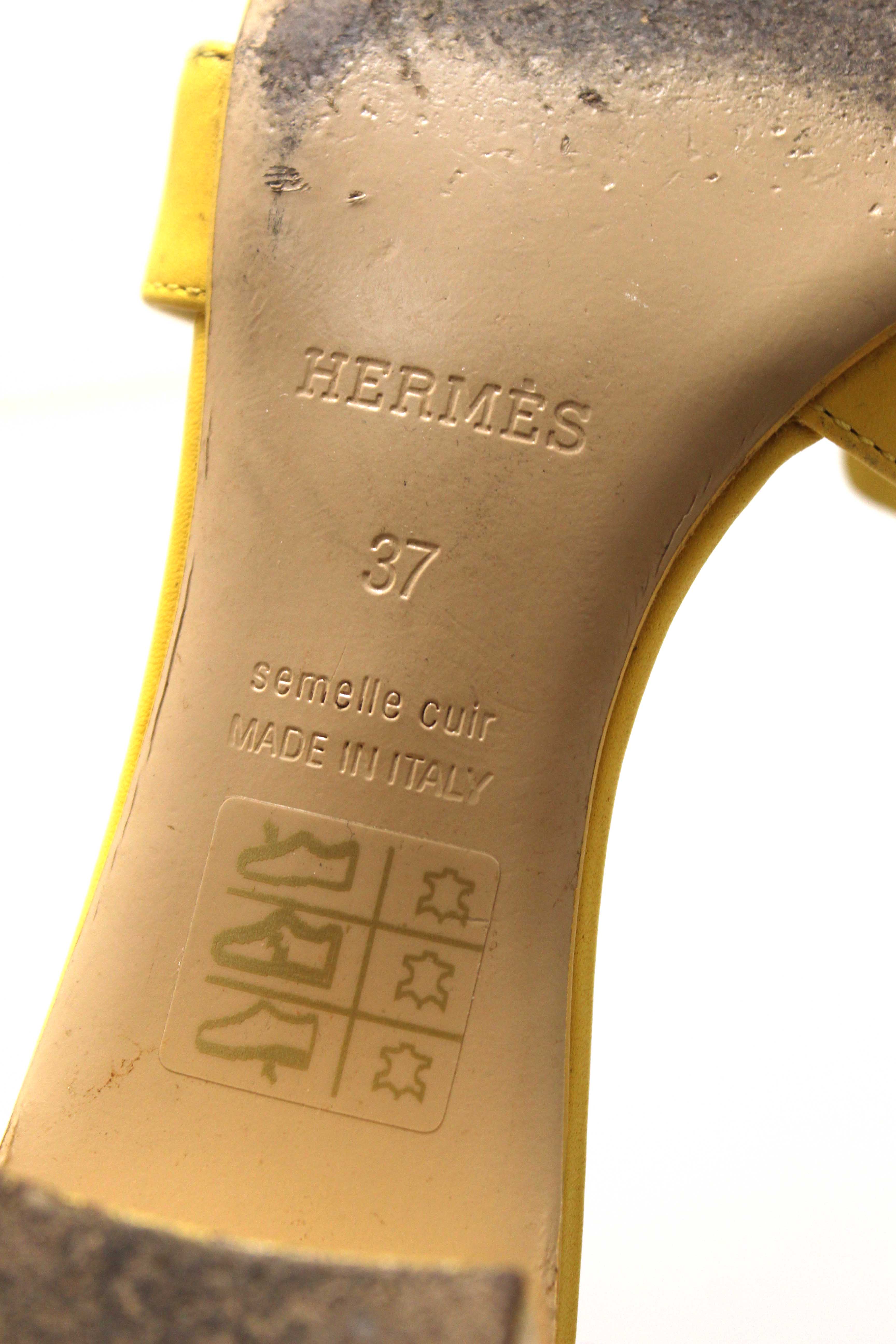 Authentic Hermes Yellow Calfskin Leather Oasis H Sandals Shoes with Block Heels Size 37