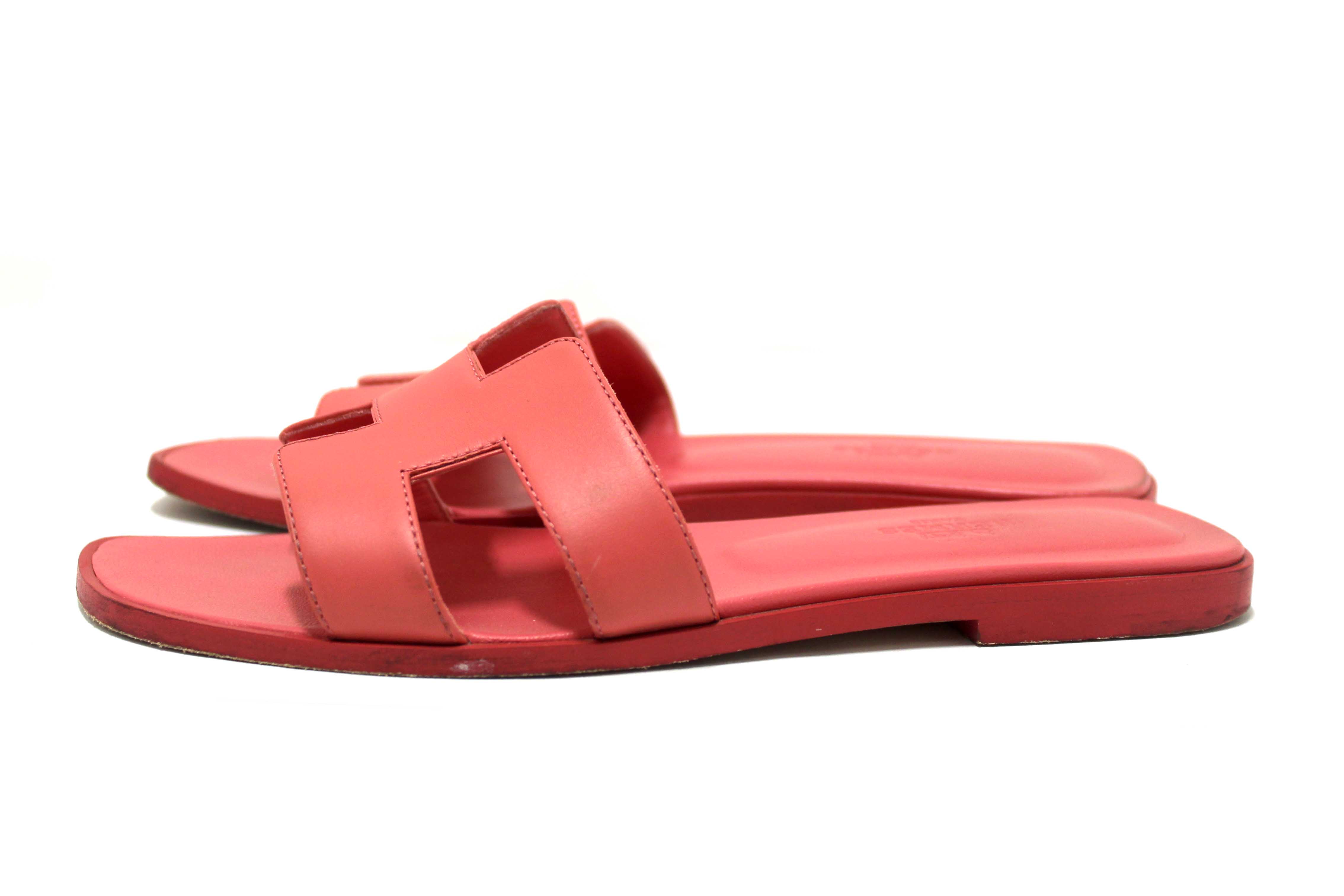 Authentic Hermes Pink Calfskin Leather Oran Flat Sandals Shoes Size 37