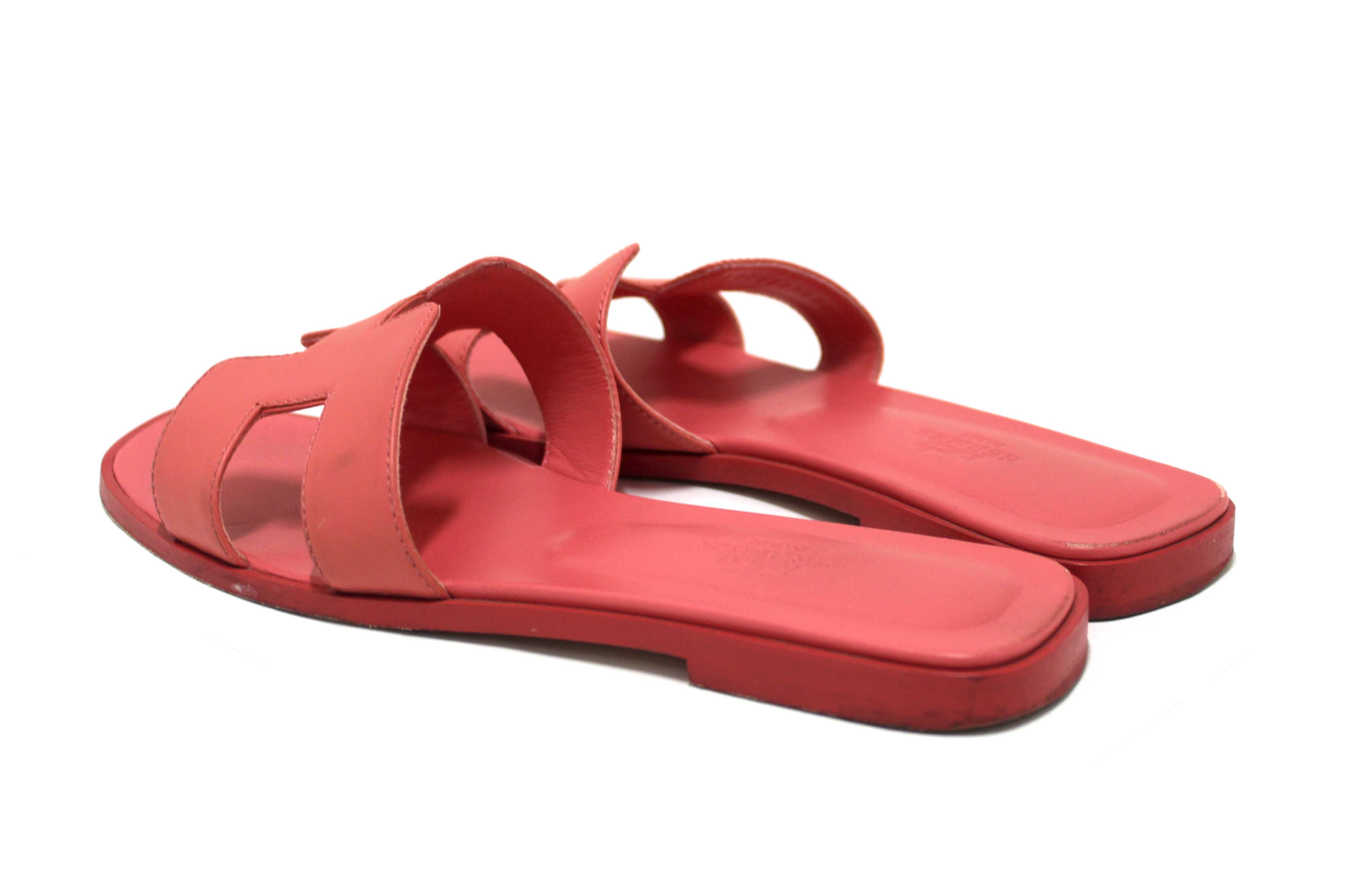 Authentic Hermes Pink Calfskin Leather Oran Flat Sandals Shoes Size 37