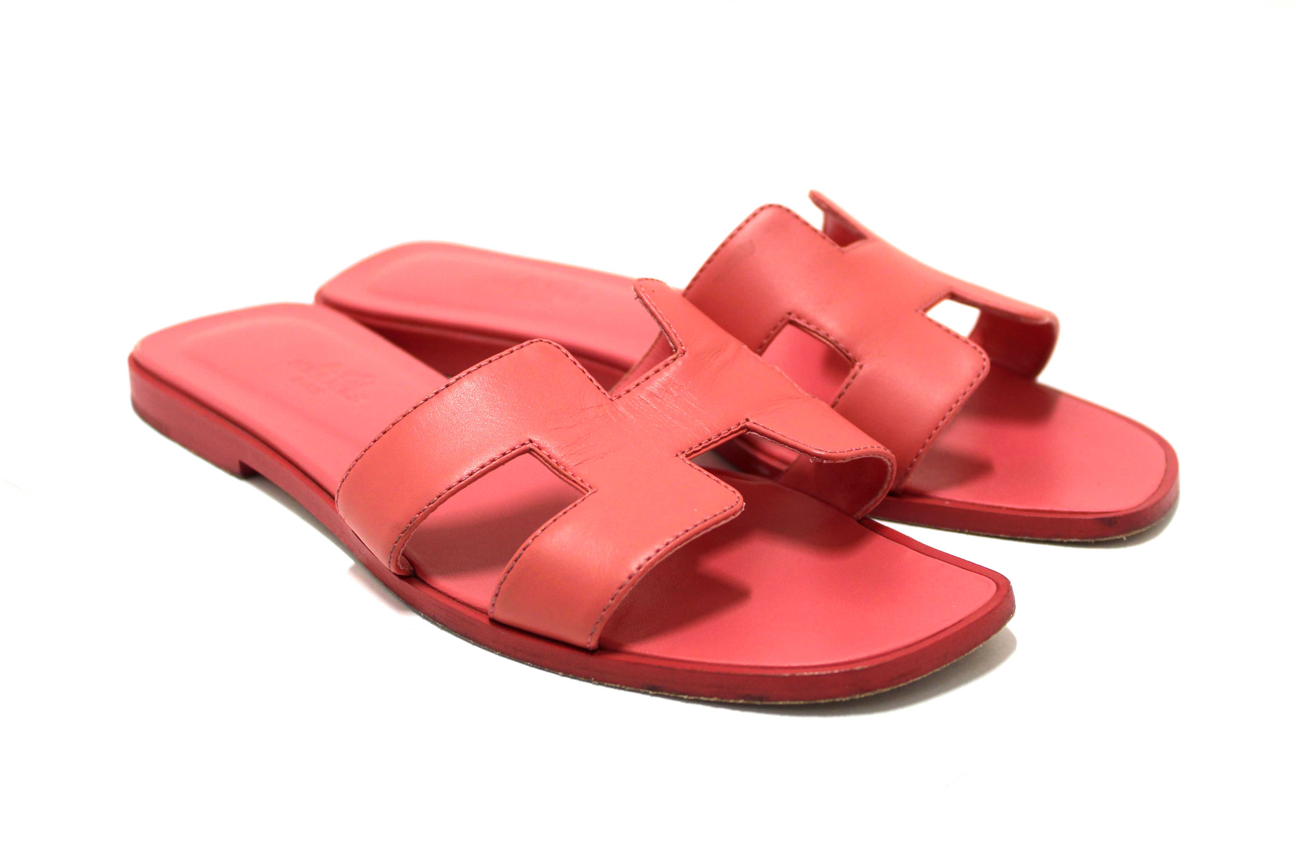 Authentic Hermes Pink Calfskin Leather Oran Flat Sandals Shoes Size 37