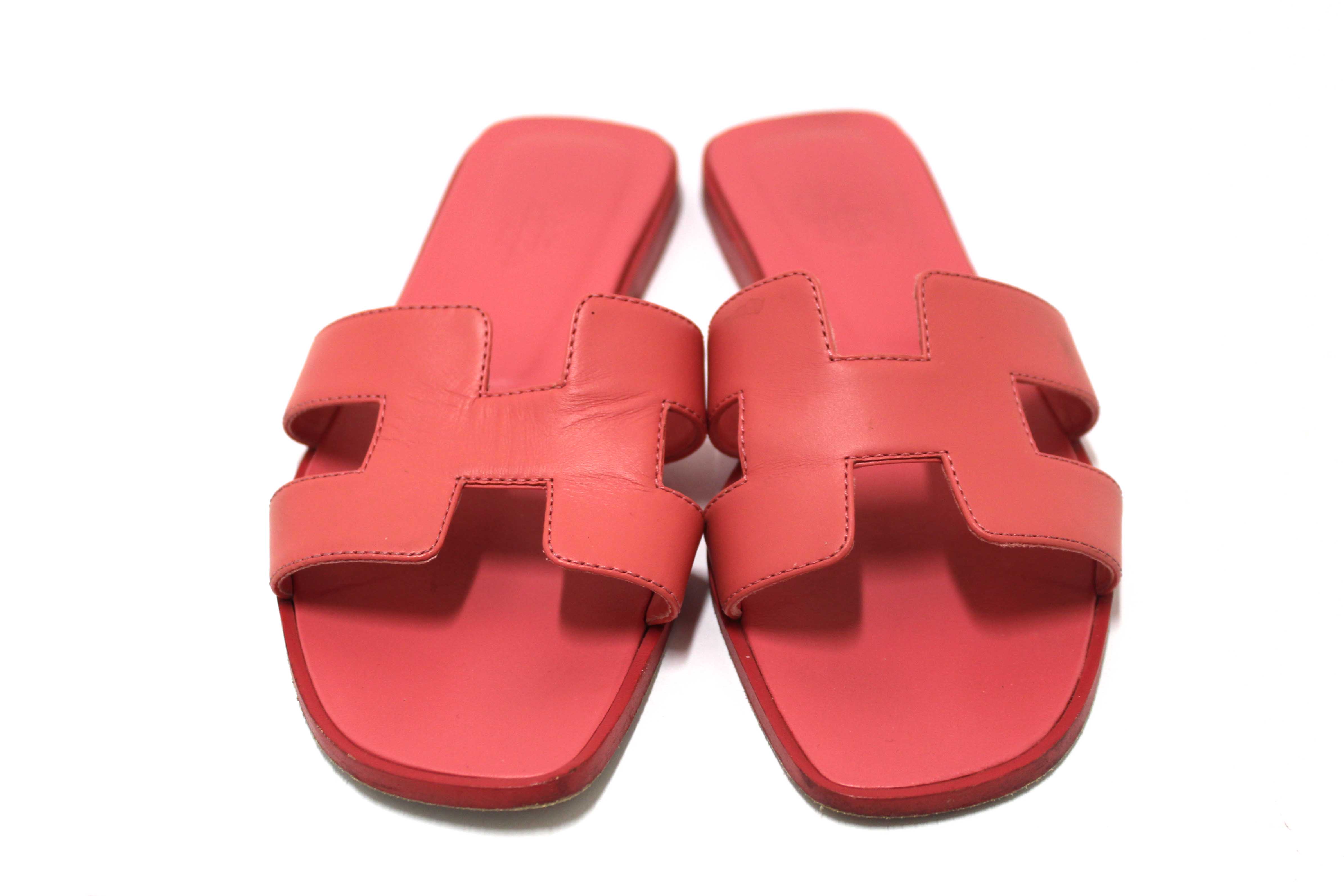 Authentic Hermes Pink Calfskin Leather Oran Flat Sandals Shoes Size 37