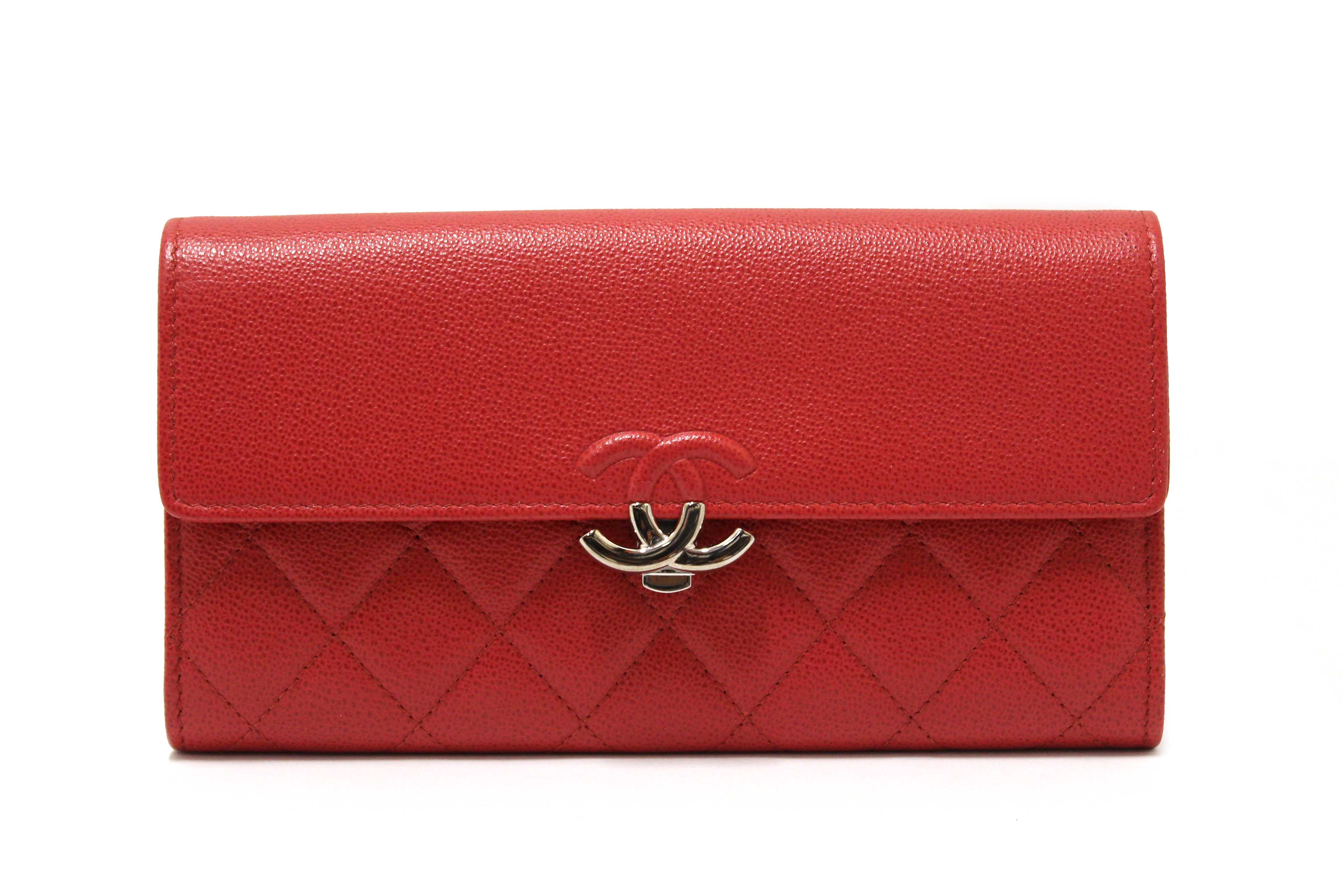 Authentic Chanel Red Quilted Caviar Leather CC Box Flap Long Wallet