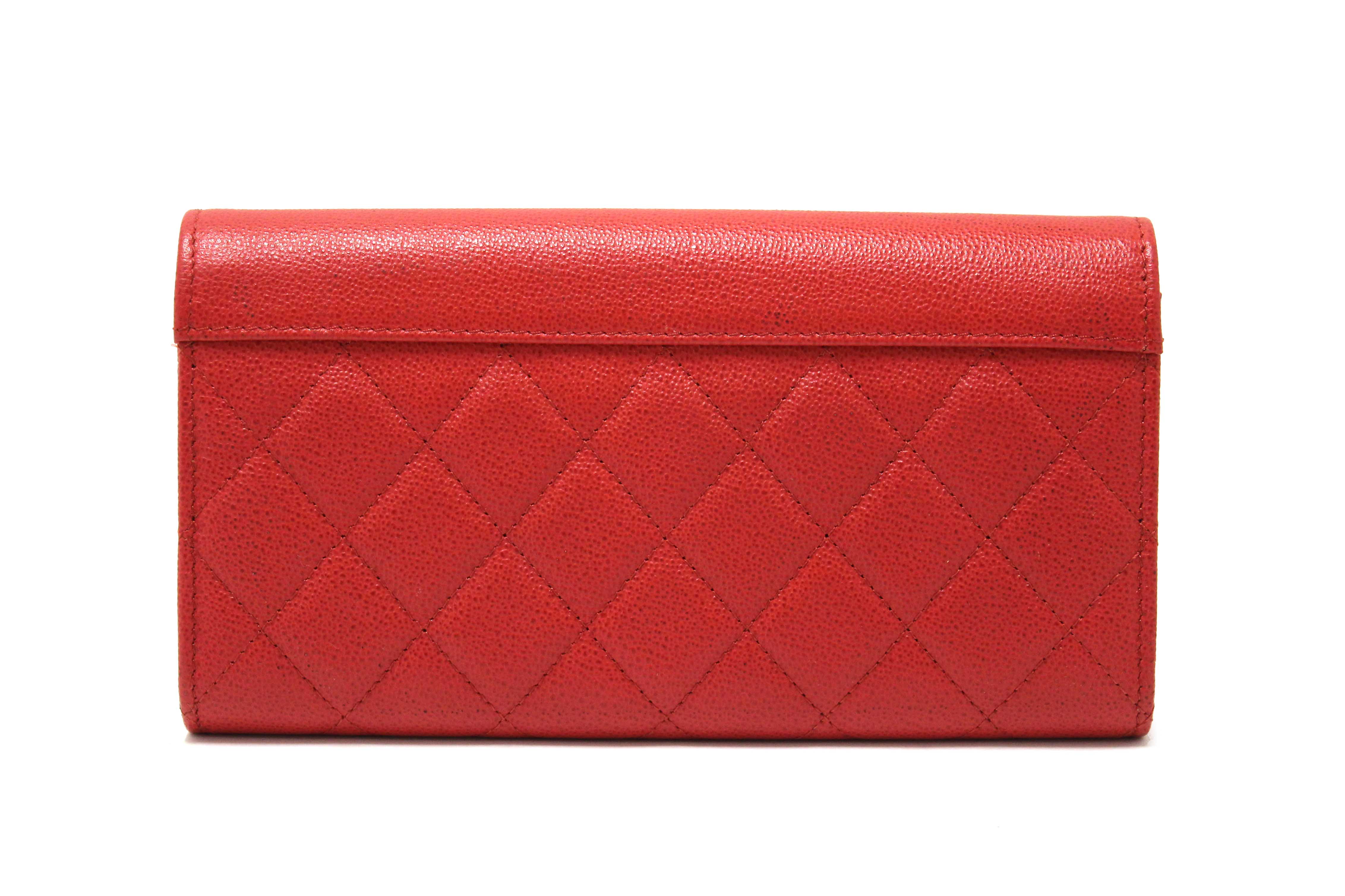 Authentic Chanel Red Quilted Caviar Leather CC Box Flap Long Wallet