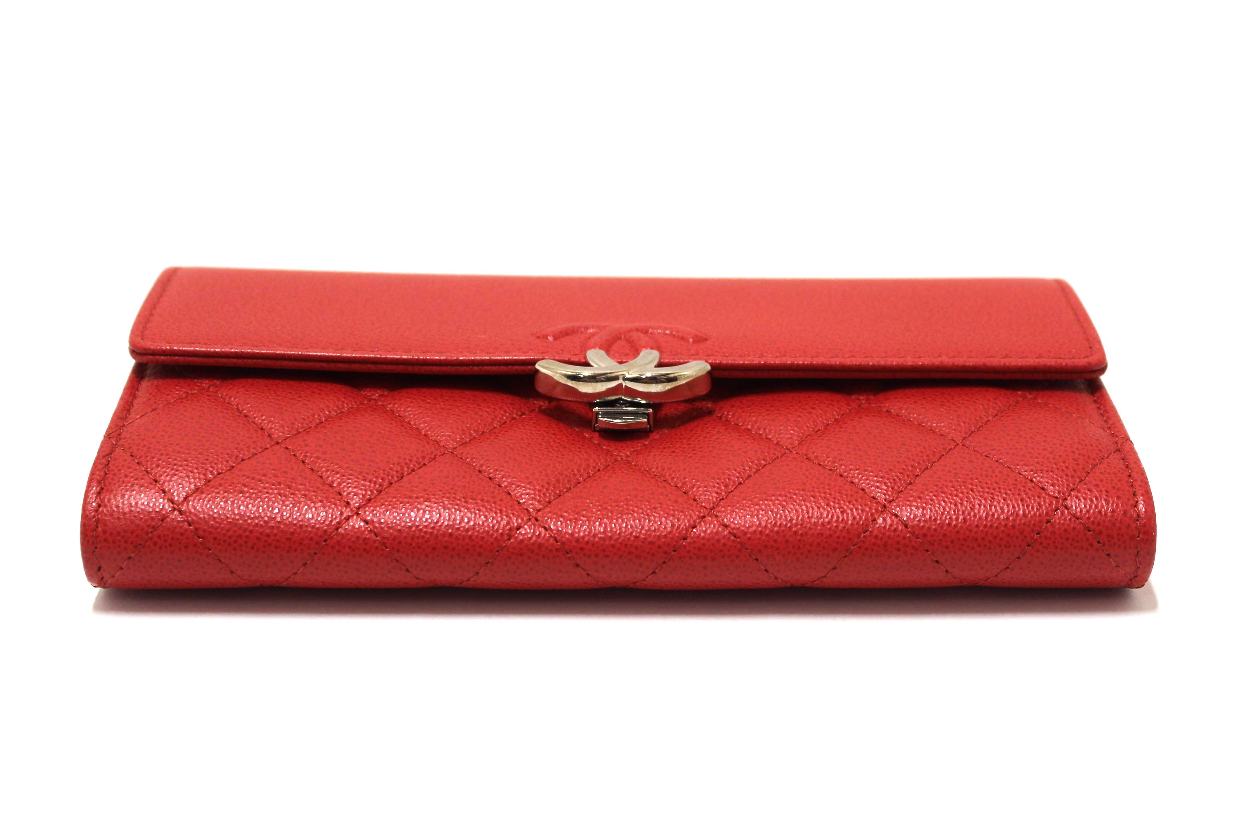 Authentic Chanel Red Quilted Caviar Leather CC Box Flap Long Wallet