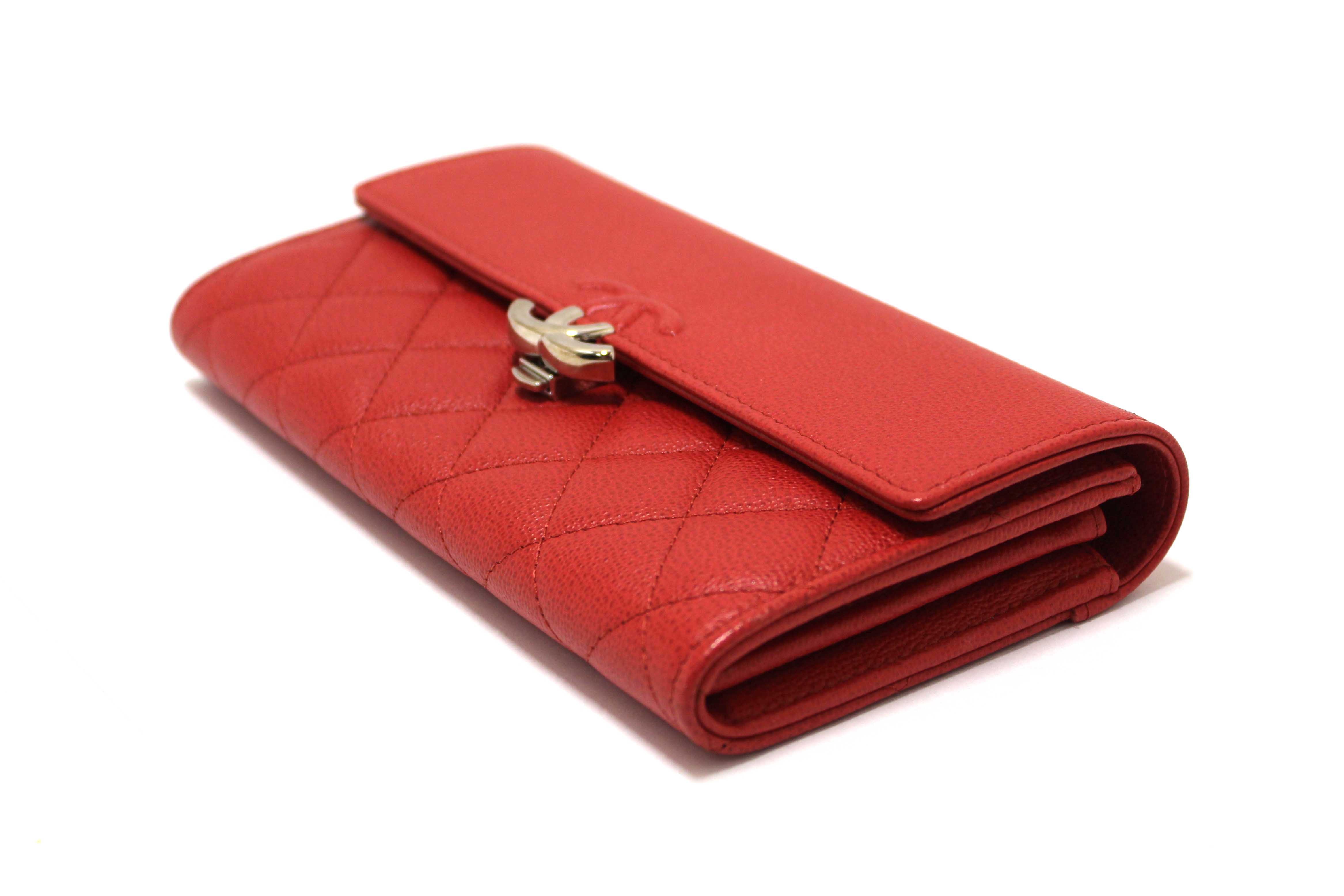 Authentic Chanel Red Quilted Caviar Leather CC Box Flap Long Wallet