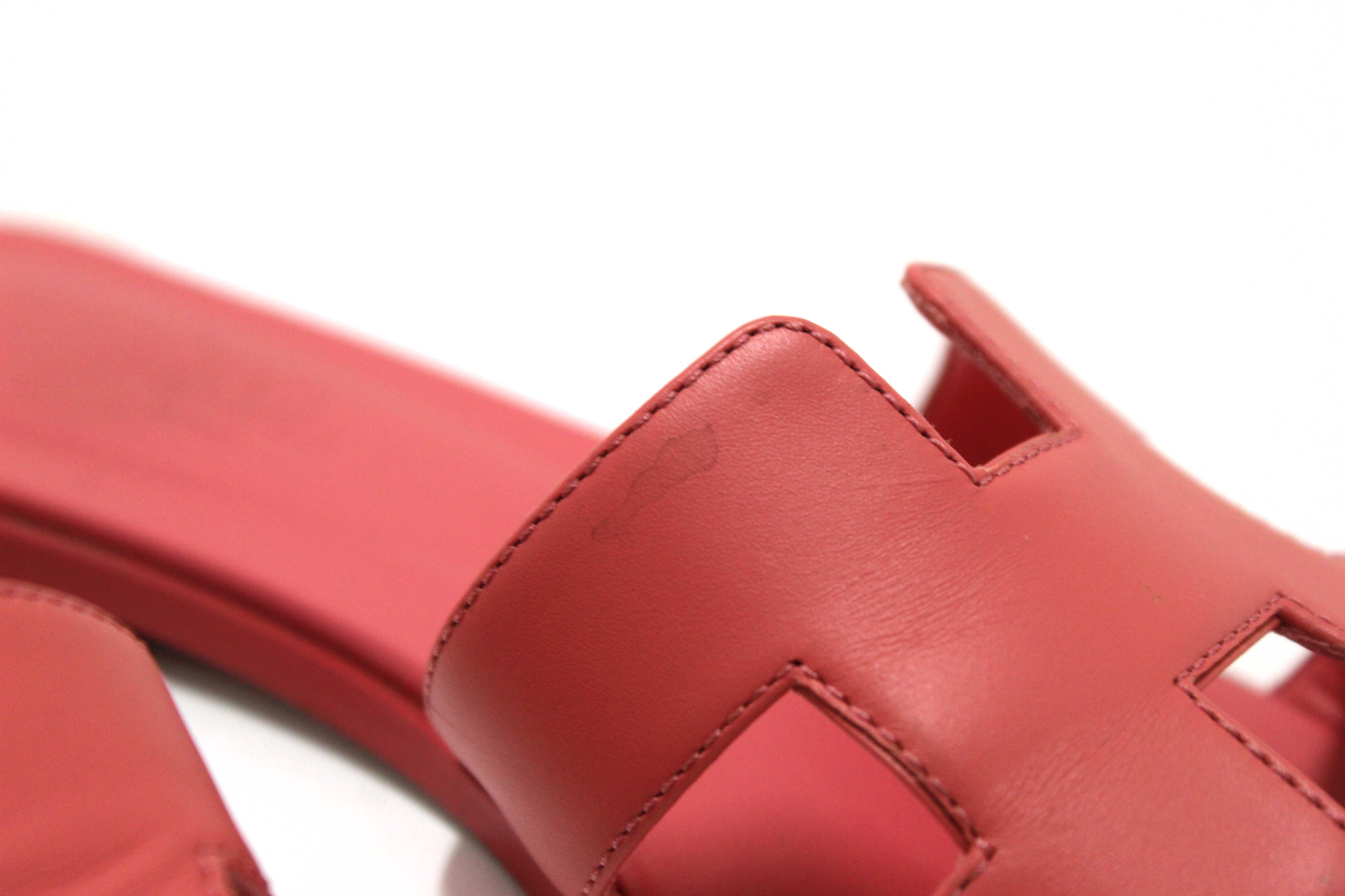 Authentic Hermes Pink Calfskin Leather Oran Flat Sandals Shoes Size 37