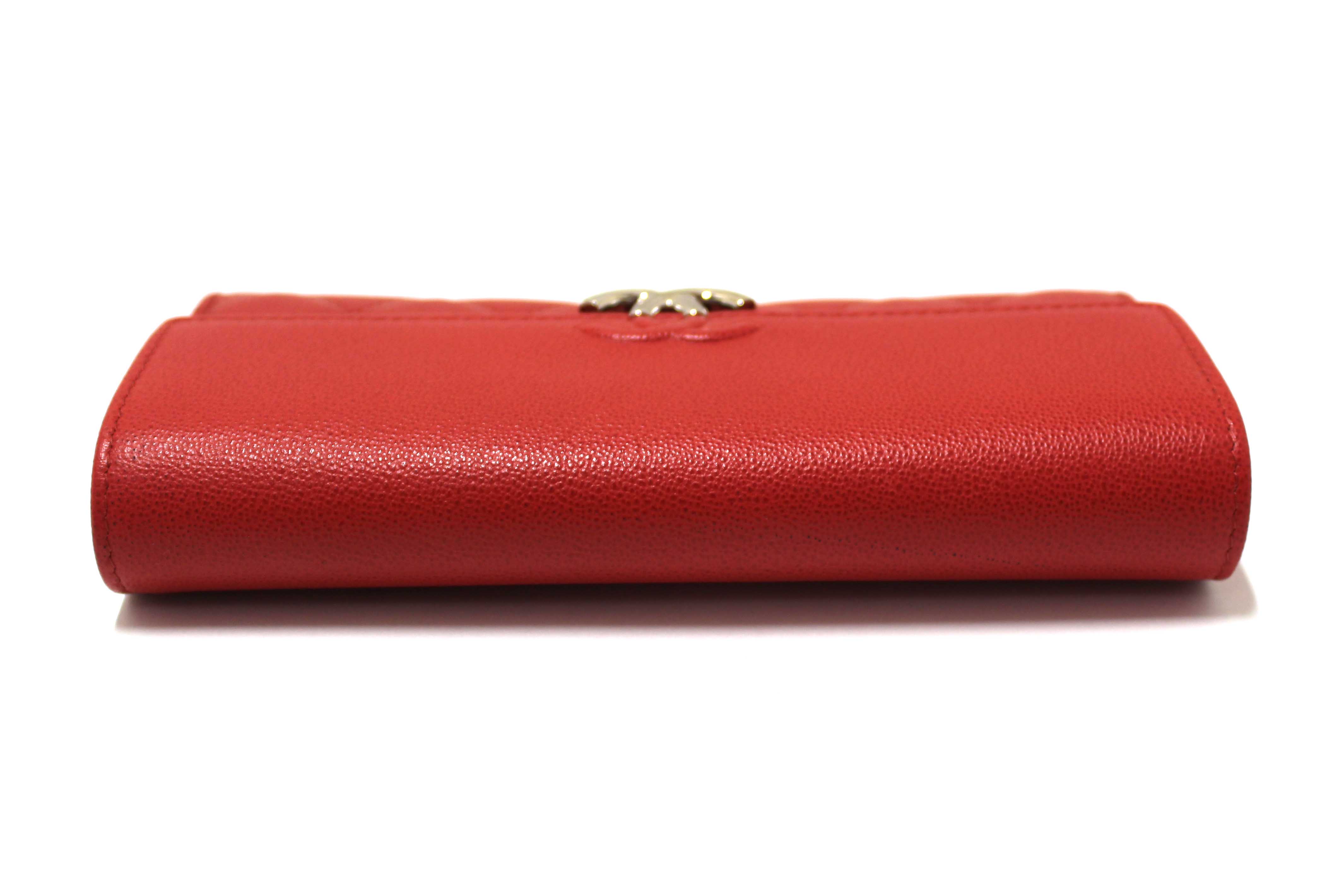 Authentic Chanel Red Quilted Caviar Leather CC Box Flap Long Wallet