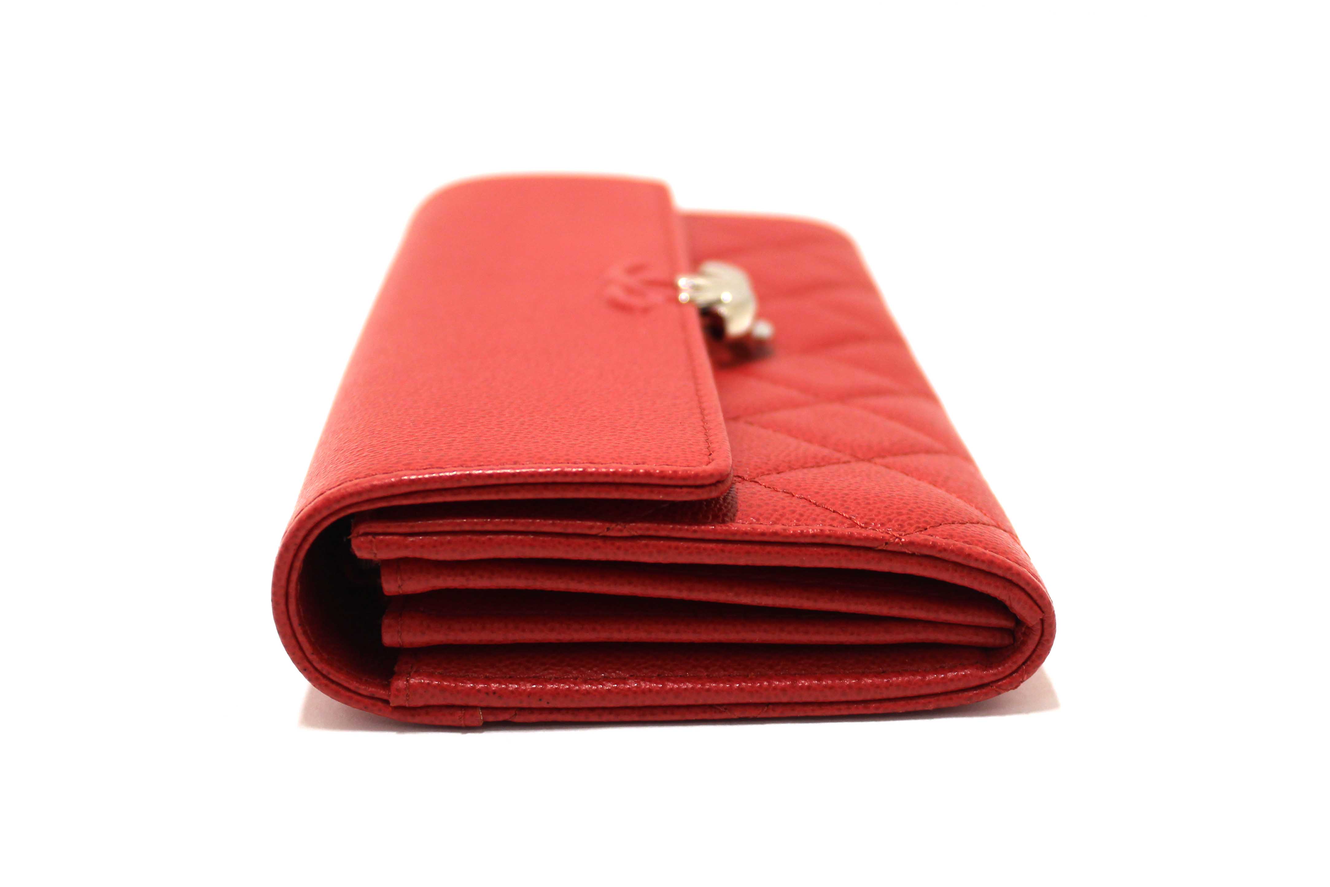Authentic Chanel Red Quilted Caviar Leather CC Box Flap Long Wallet