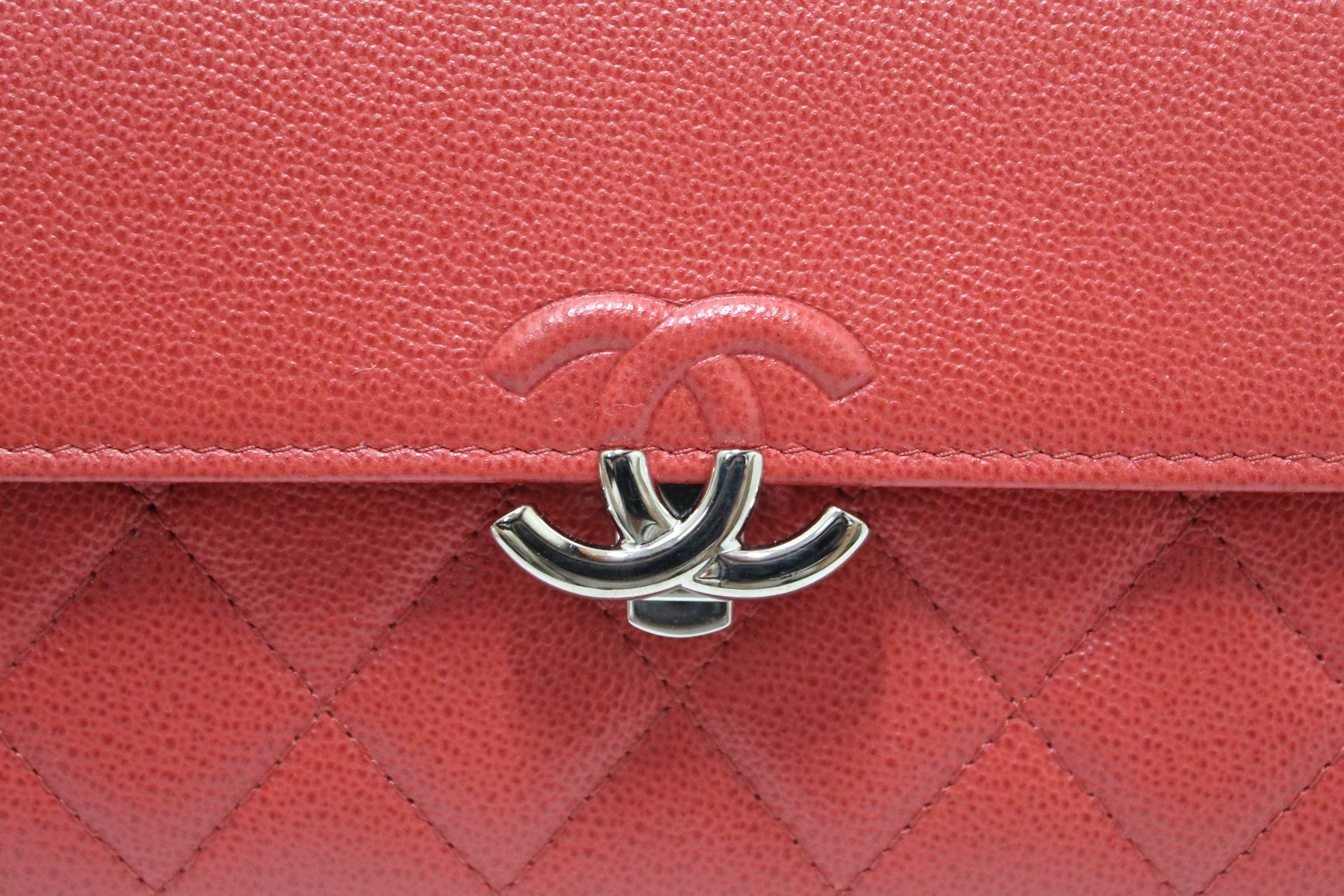 Authentic Chanel Red Quilted Caviar Leather CC Box Flap Long Wallet