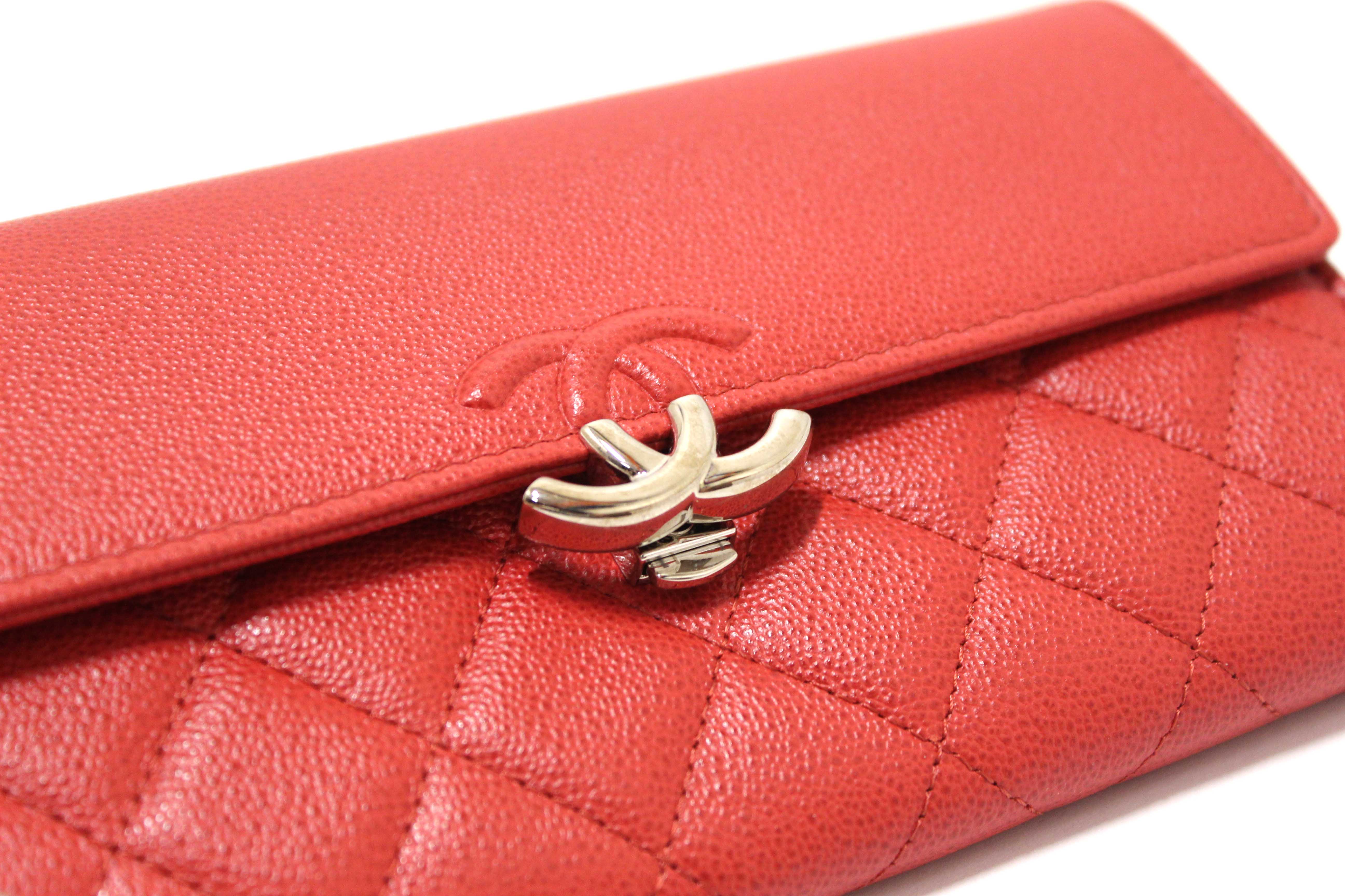 Authentic Chanel Red Quilted Caviar Leather CC Box Flap Long Wallet