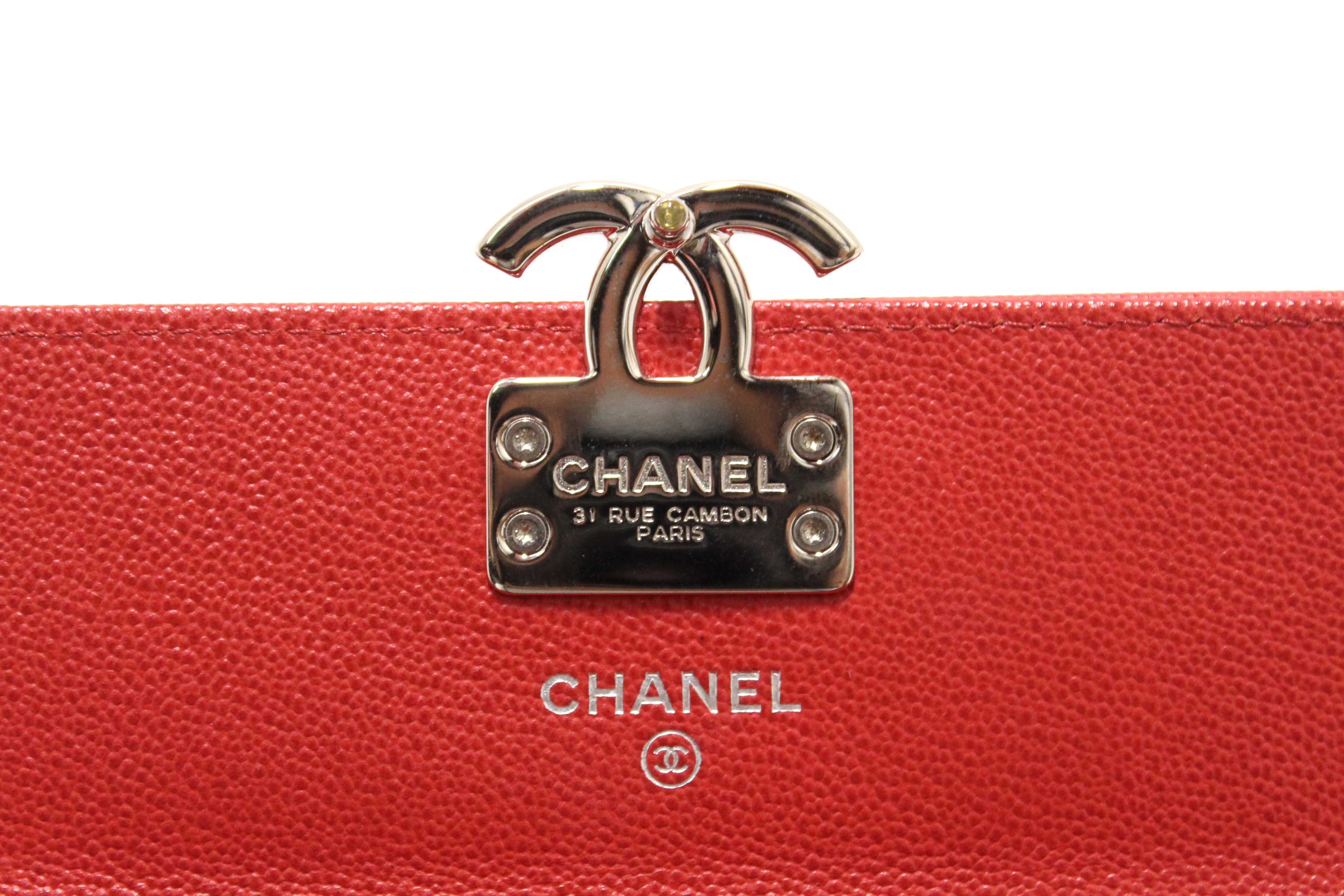 Authentic Chanel Red Quilted Caviar Leather CC Box Flap Long Wallet
