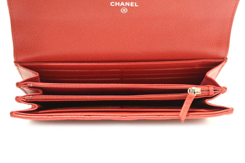 Authentic Chanel Red Quilted Caviar Leather CC Box Flap Long Wallet