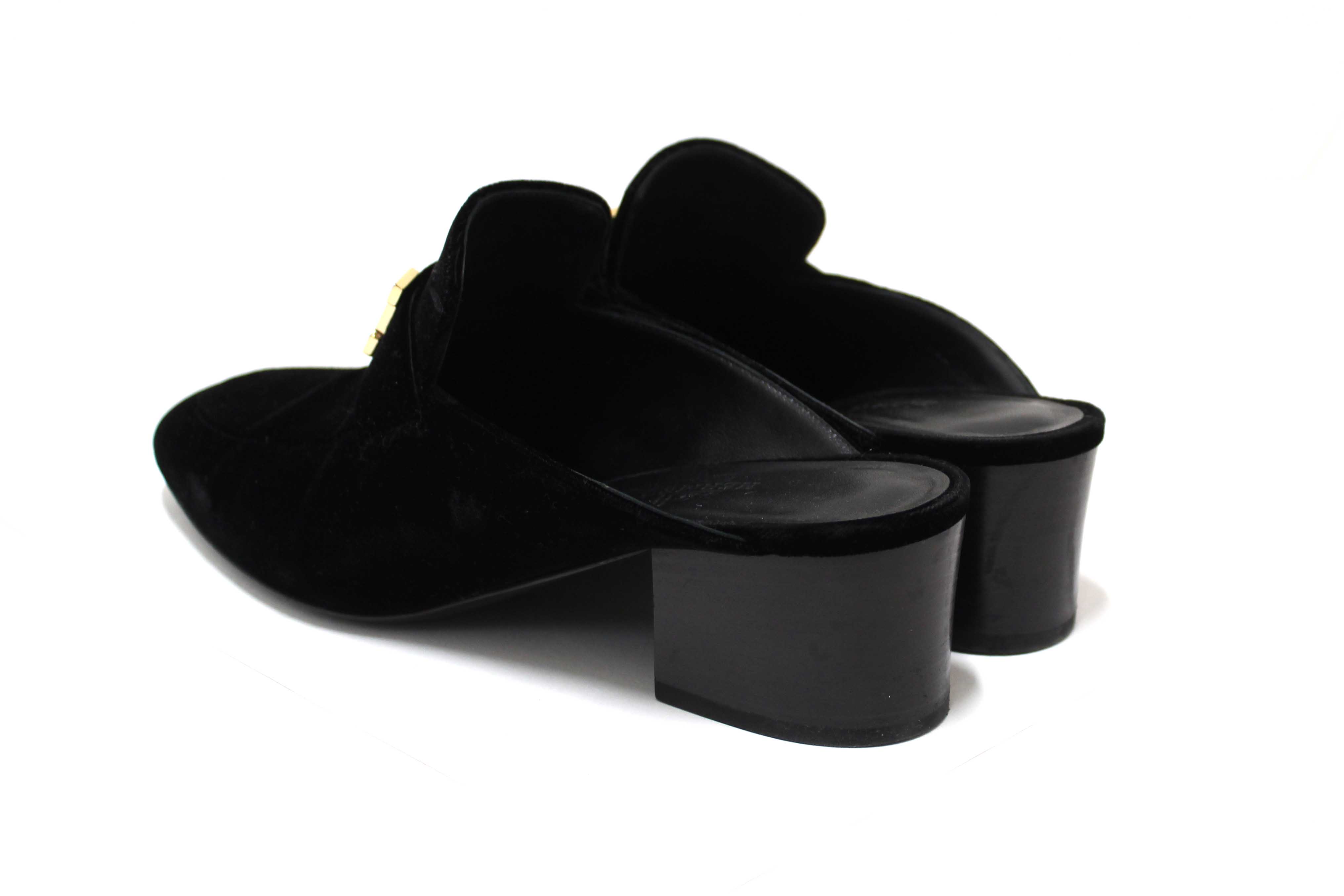 Authentic Hermes Black Velvet Trocedaro Mule Sandals Shoes with Block Heels Size 37