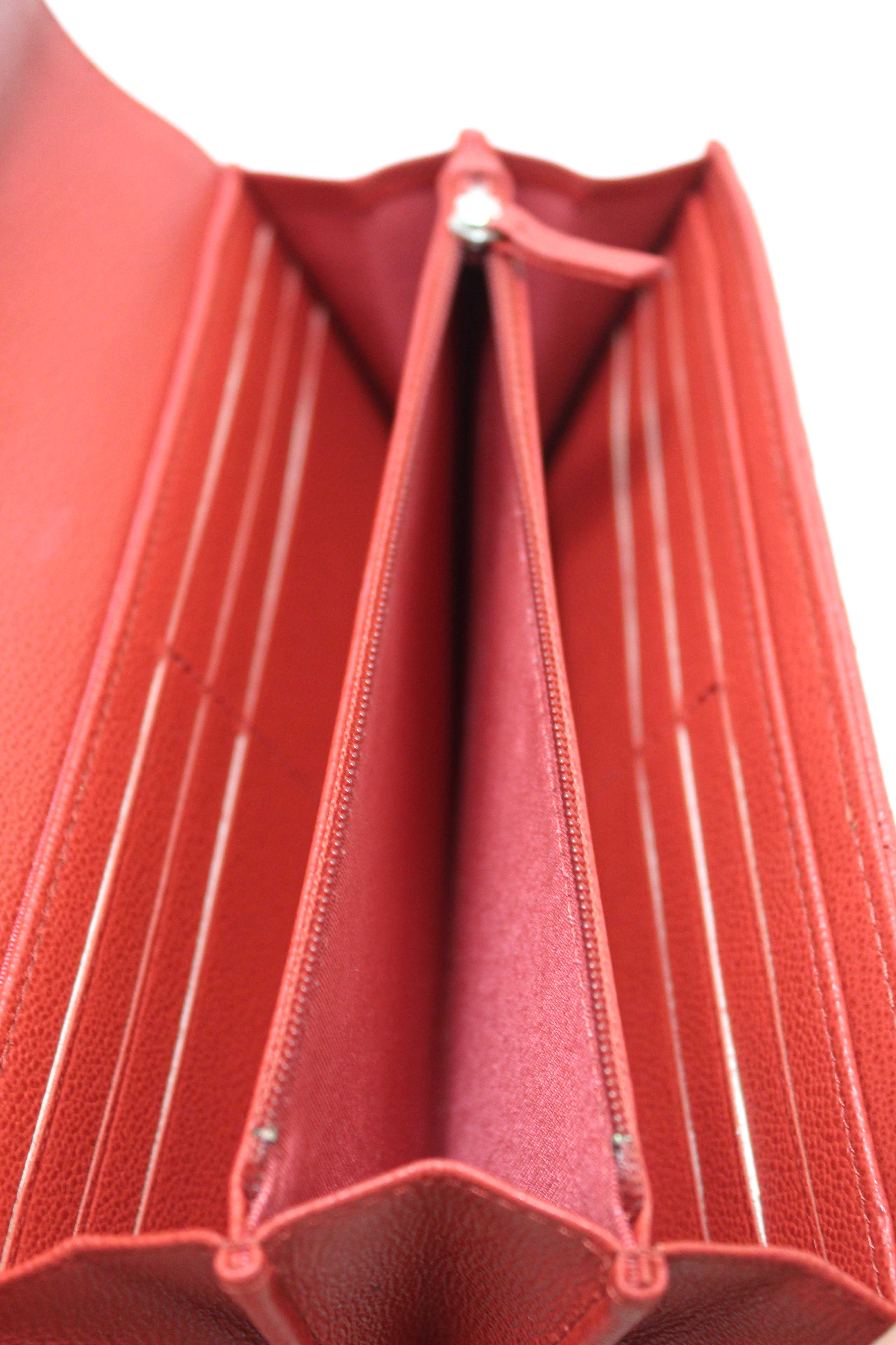 Authentic Chanel Red Quilted Caviar Leather CC Box Flap Long Wallet