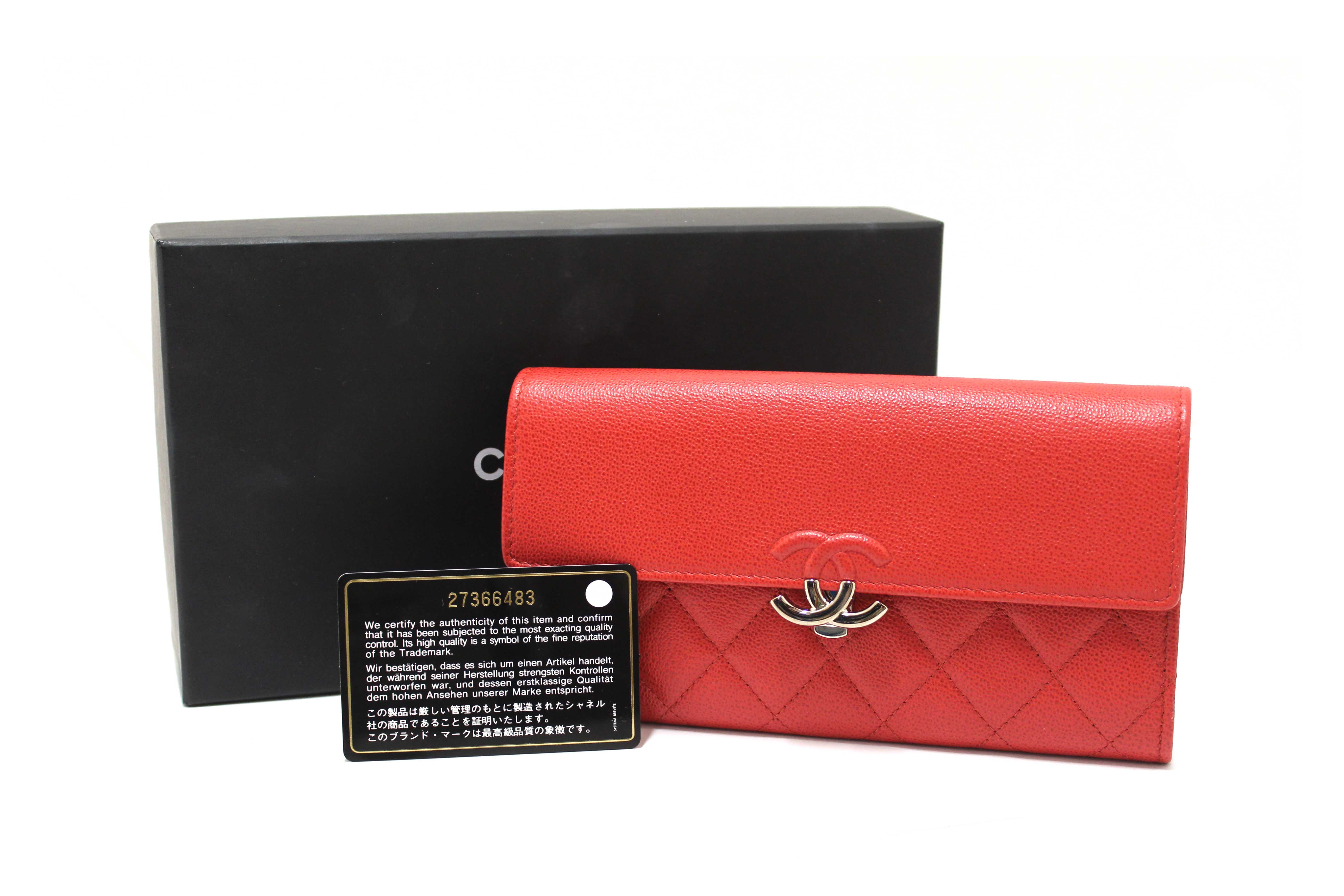 Authentic Chanel Red Quilted Caviar Leather CC Box Flap Long Wallet