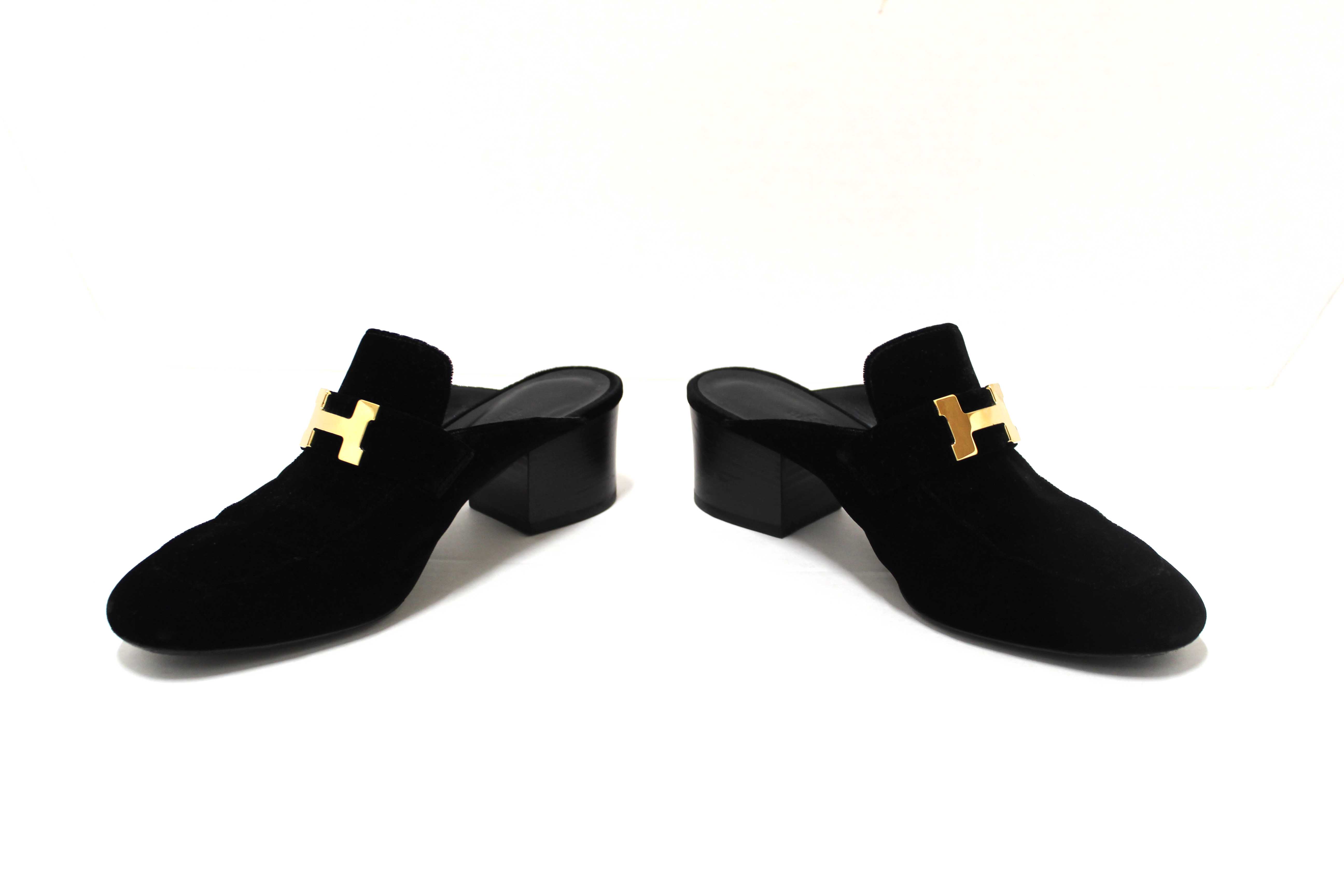 Authentic Hermes Black Velvet Trocedaro Mule Sandals Shoes with Block Heels Size 37