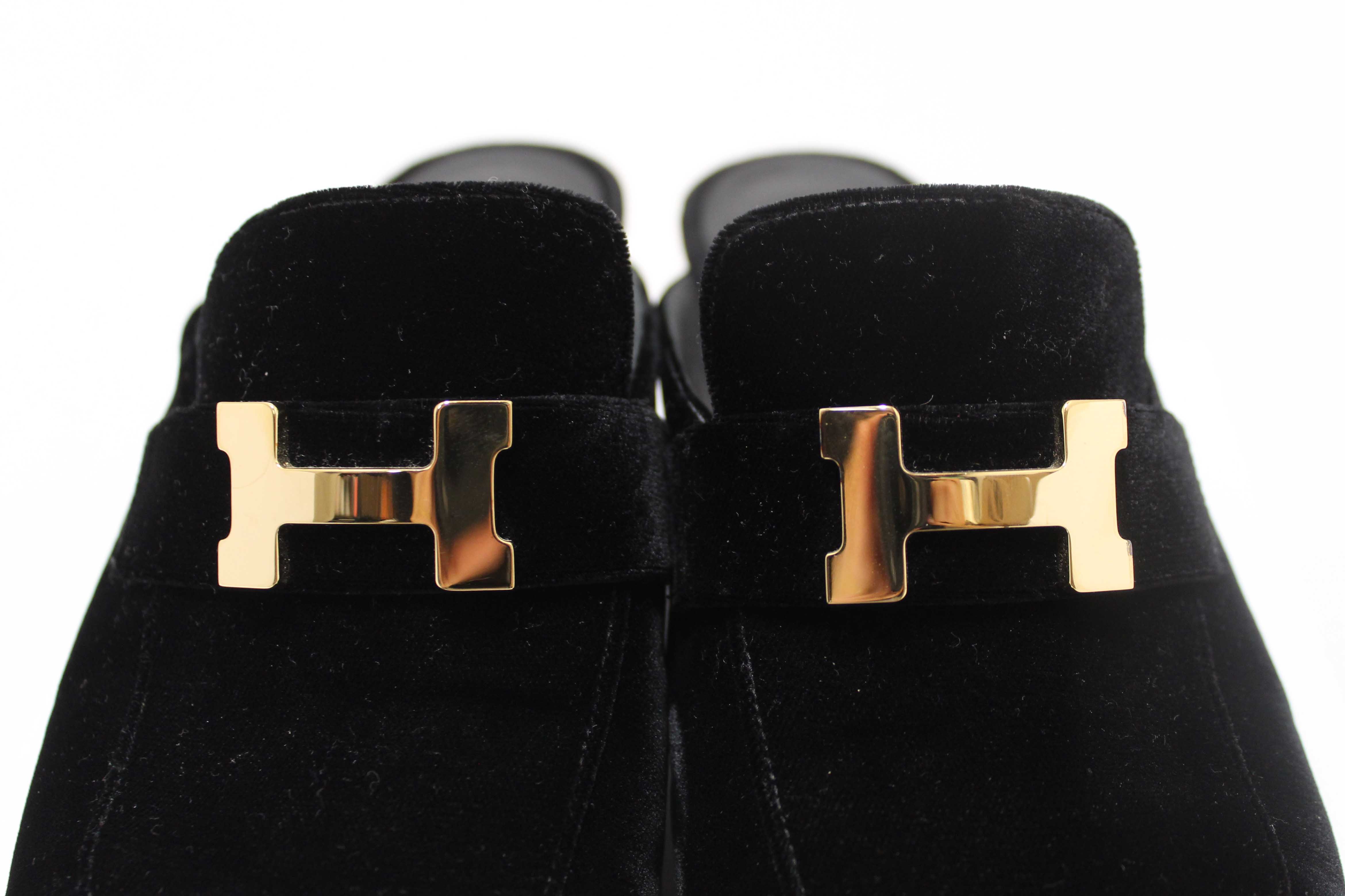 Authentic Hermes Black Velvet Trocedaro Mule Sandals Shoes with Block Heels Size 37