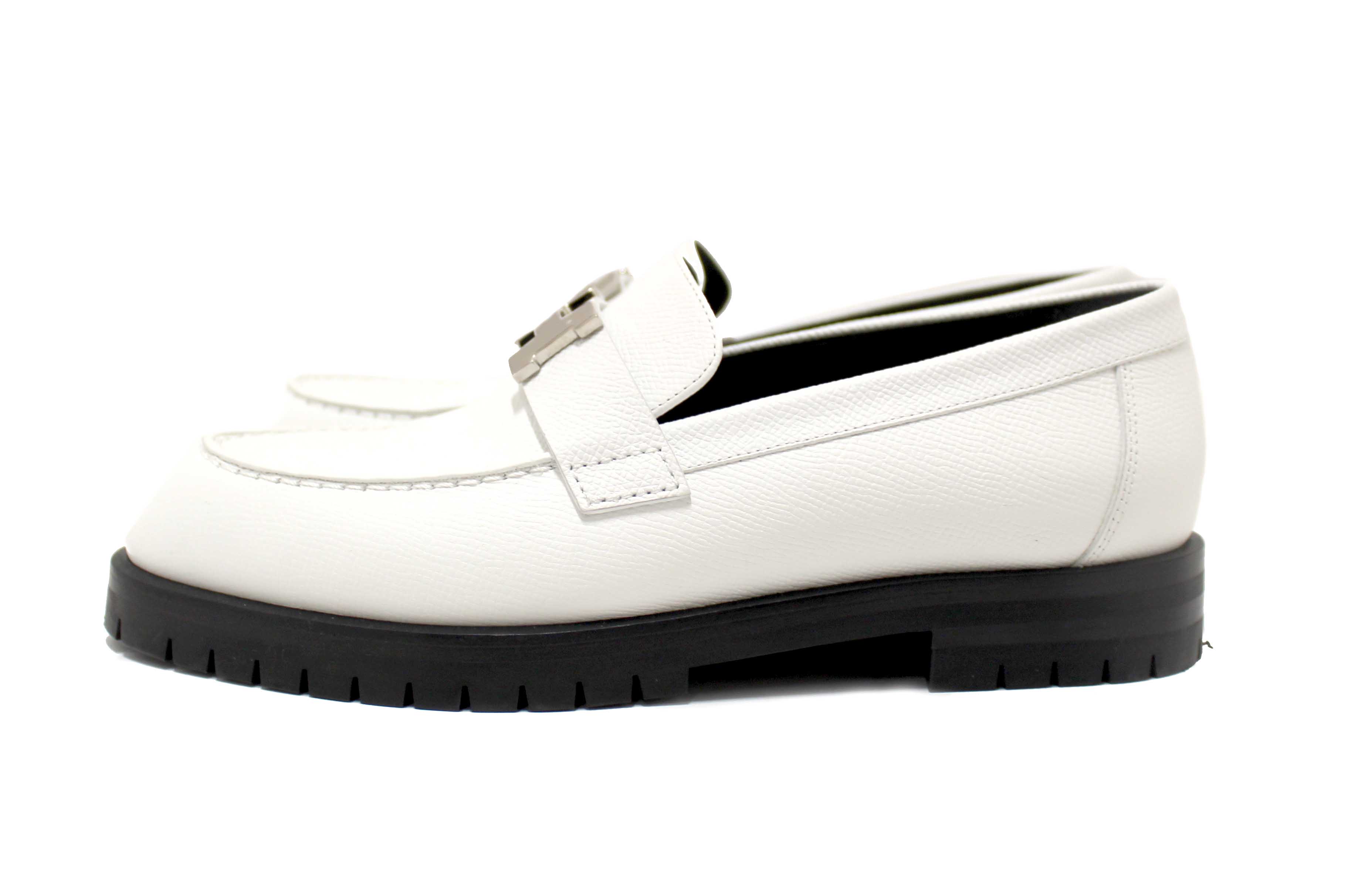 Authentic Hermes White Grained Leather Faubourg Loafer Shoes Size 36.5