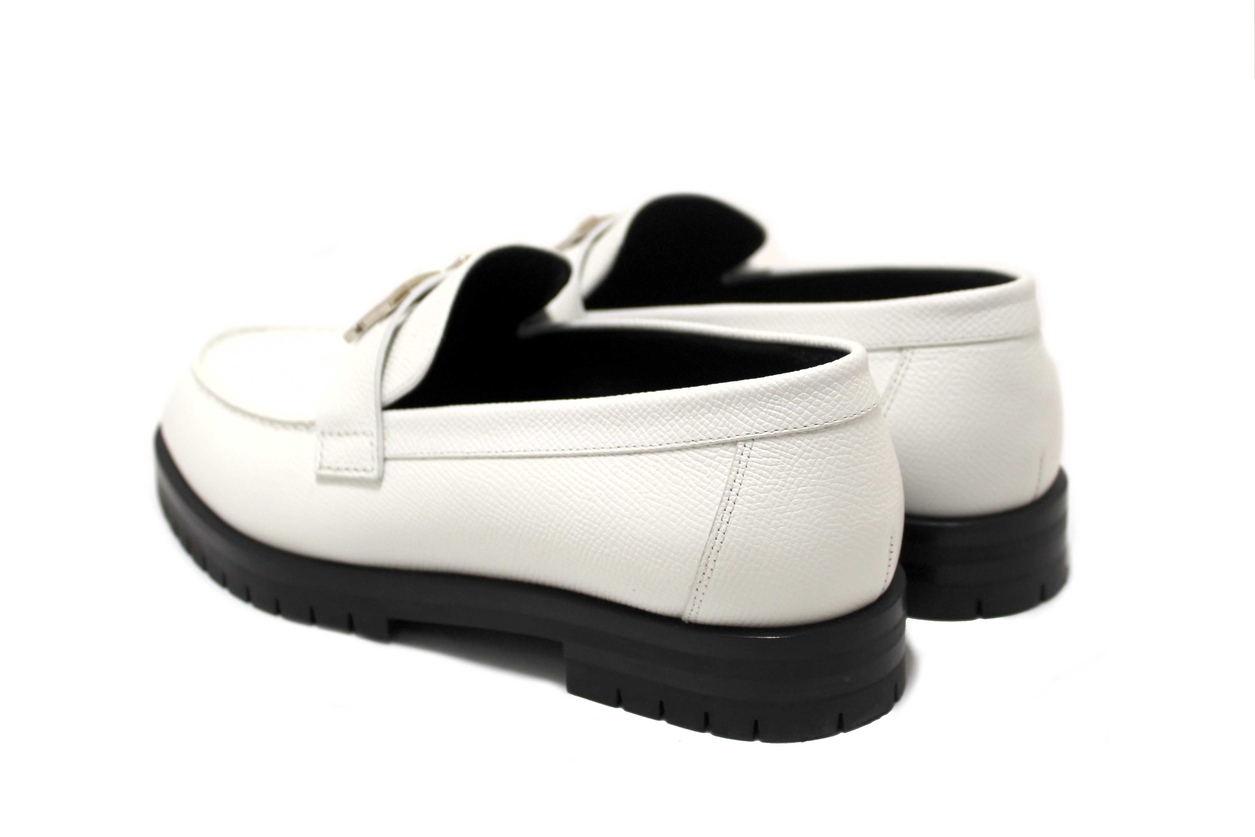 Authentic Hermes White Grained Leather Faubourg Loafer Shoes Size 36.5