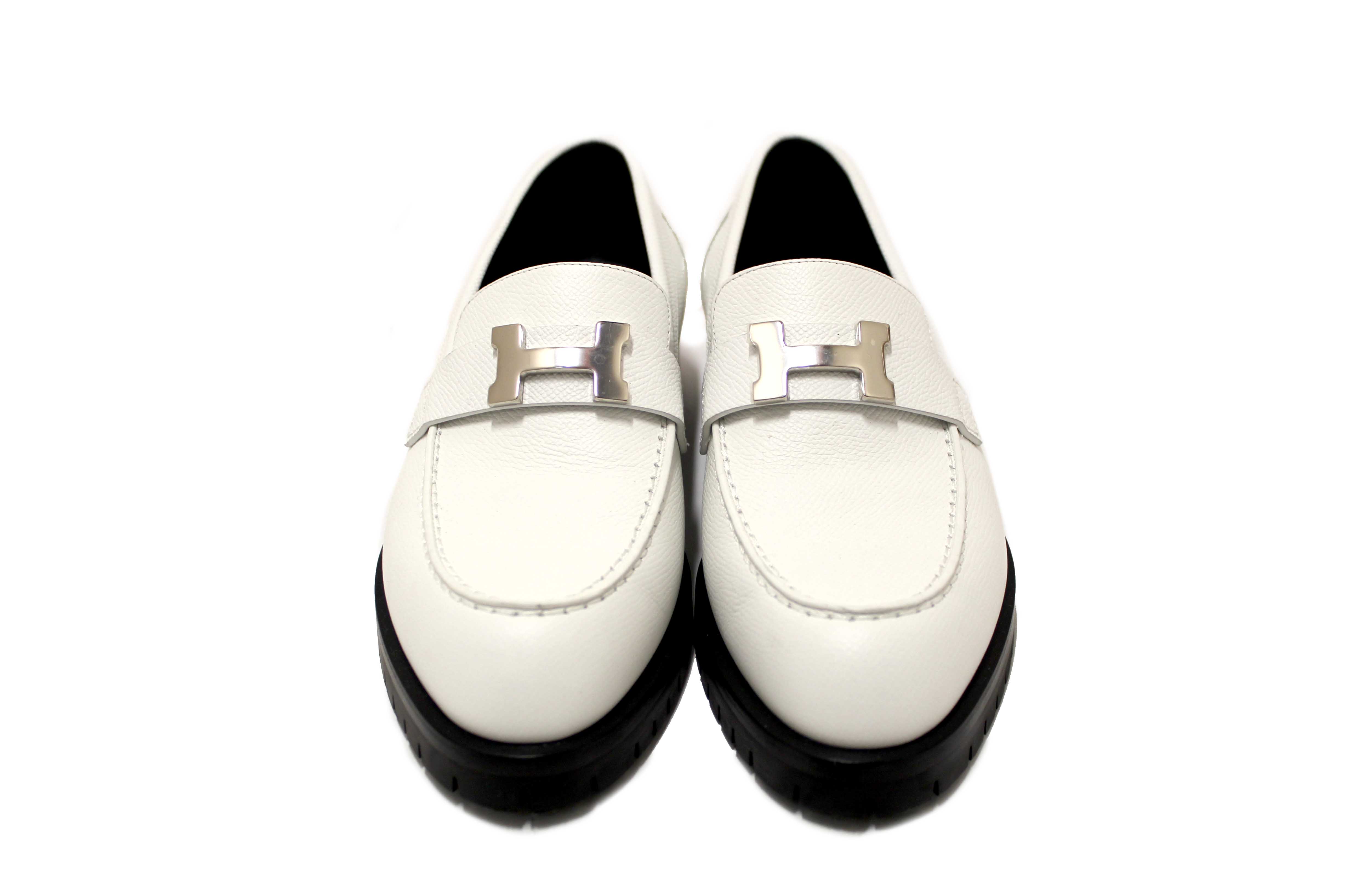 Authentic Hermes White Grained Leather Faubourg Loafer Shoes Size 36.5