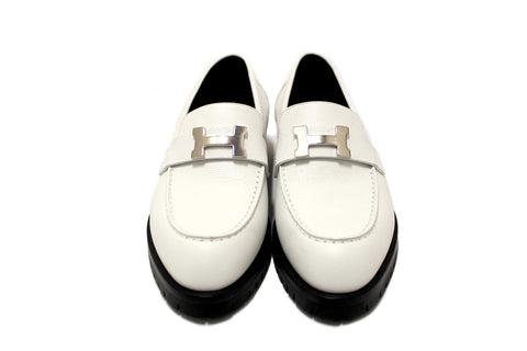 Authentic Hermes White Grained Leather Faubourg Loafer Shoes Size 36.5