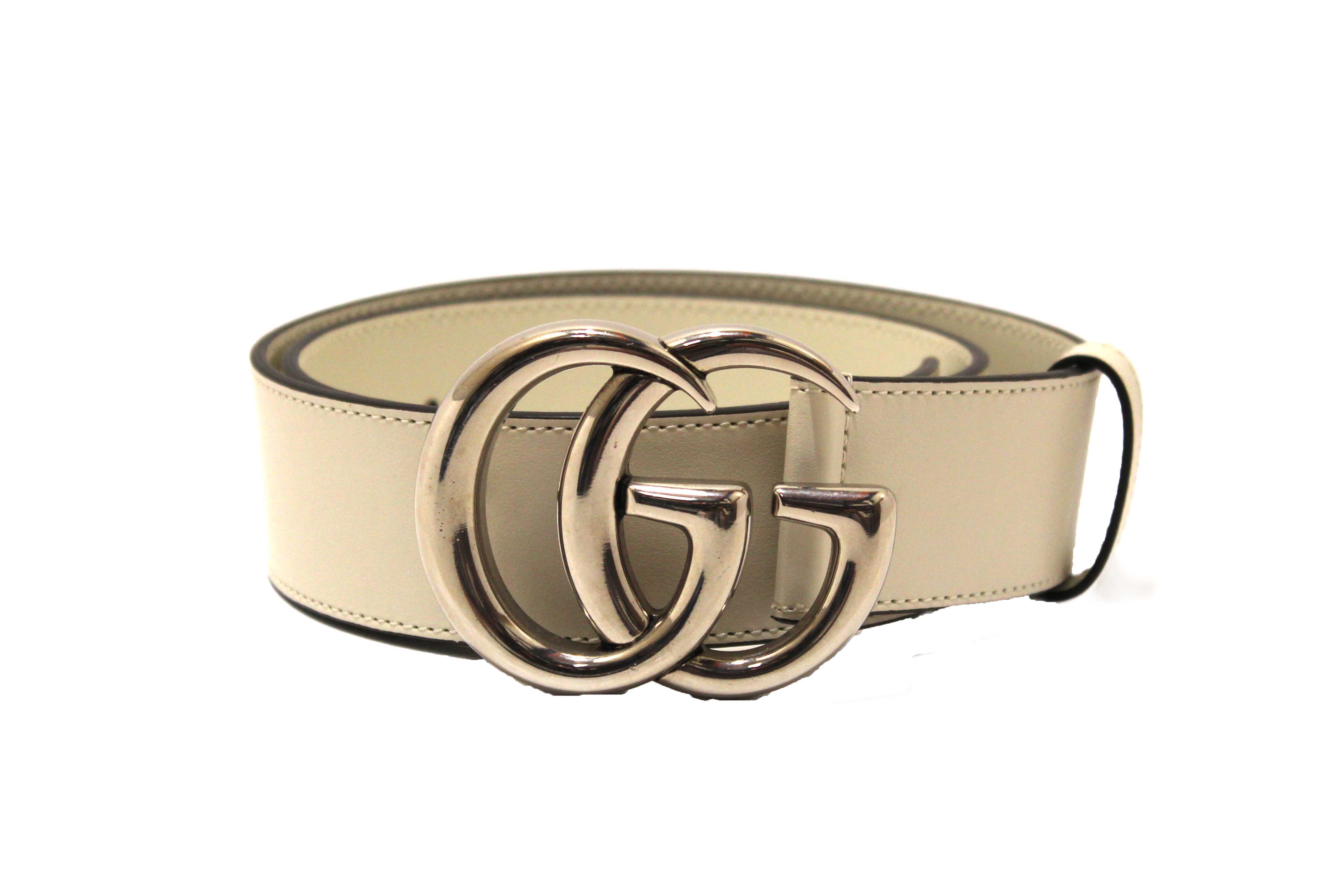 Authentic Gucci White Smooth Leather GG Marmont with Maxi GG Belt Size 75
