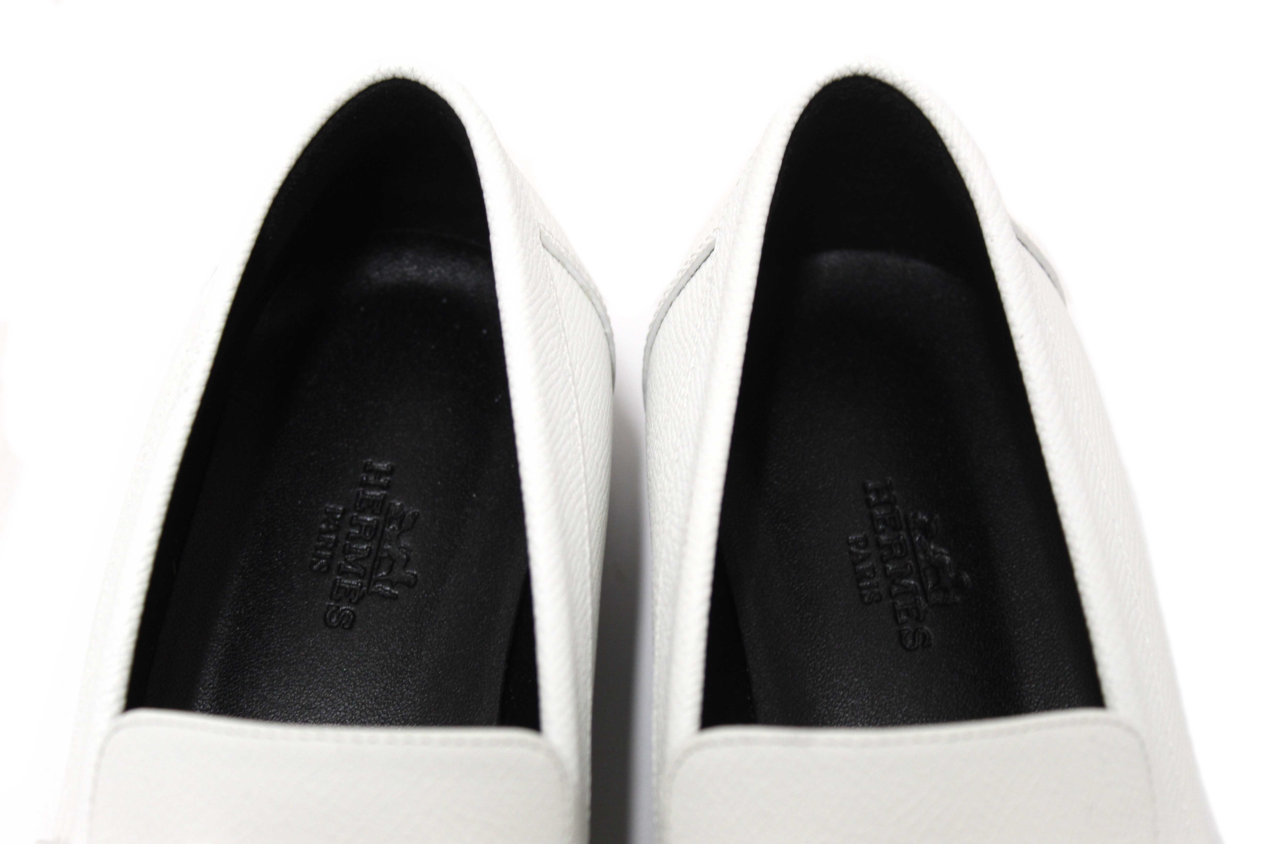 Authentic Hermes White Grained Leather Faubourg Loafer Shoes Size 36.5