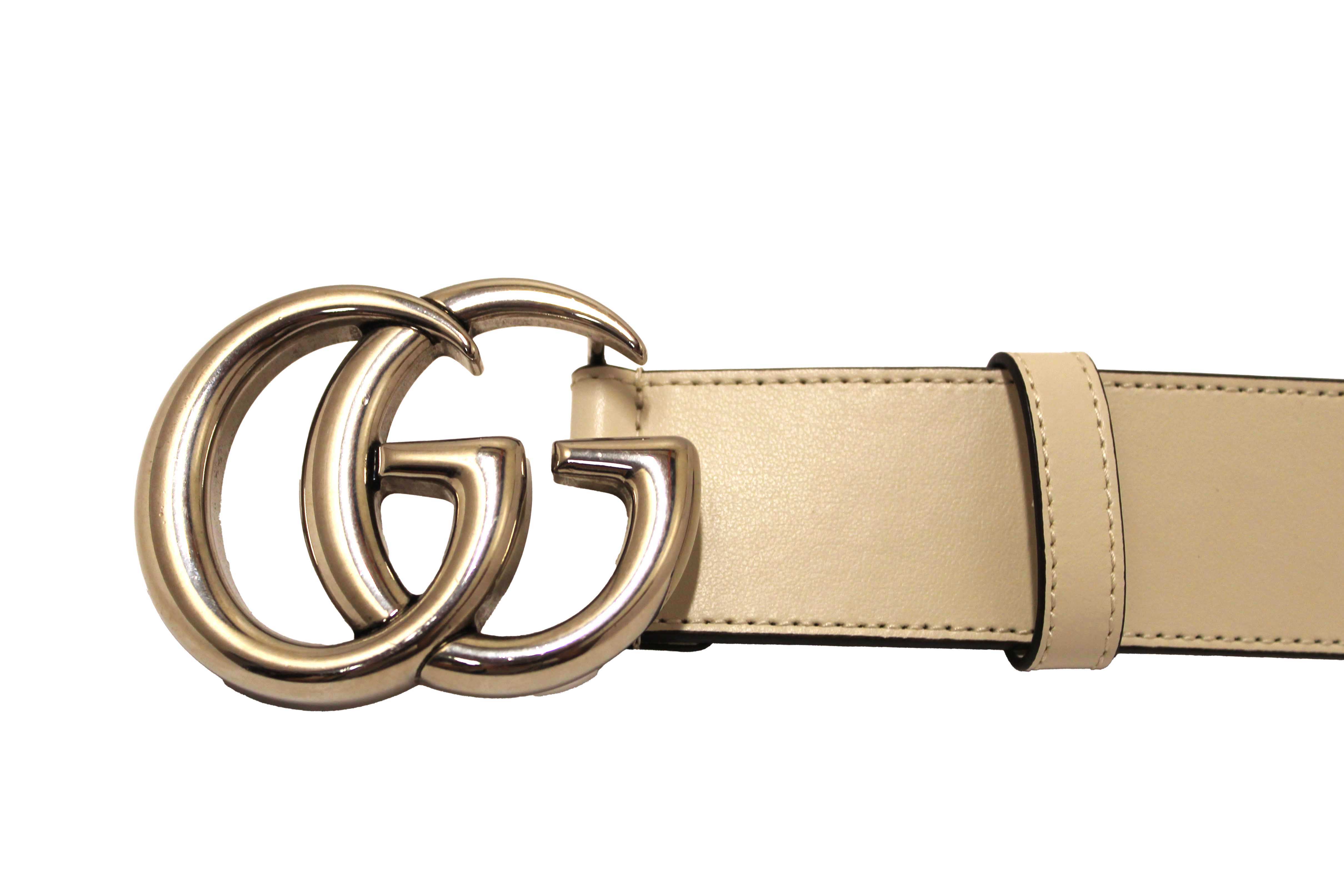 Authentic Gucci White Smooth Leather GG Marmont with Maxi GG Belt Size 75