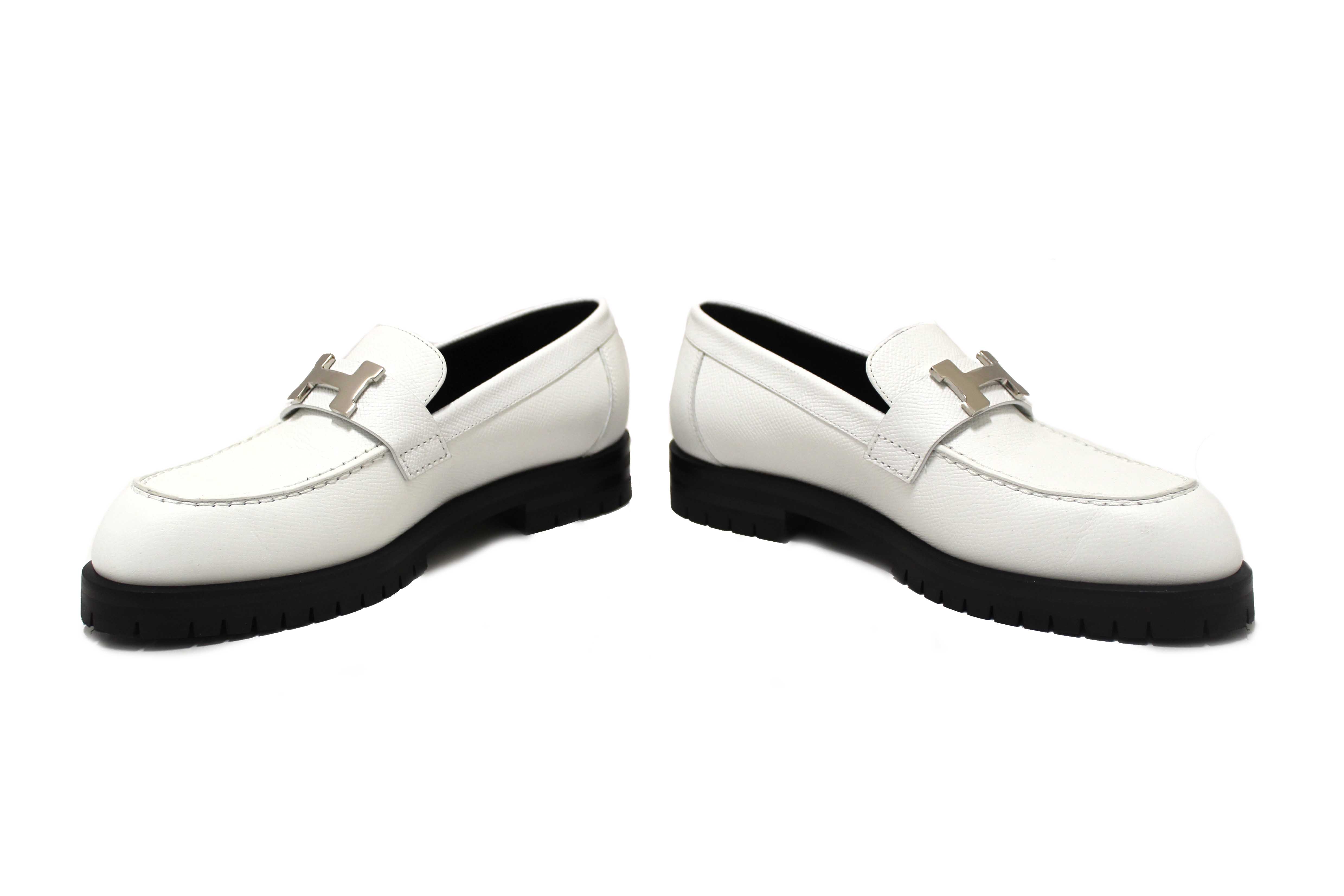 Authentic Hermes White Grained Leather Faubourg Loafer Shoes Size 36.5