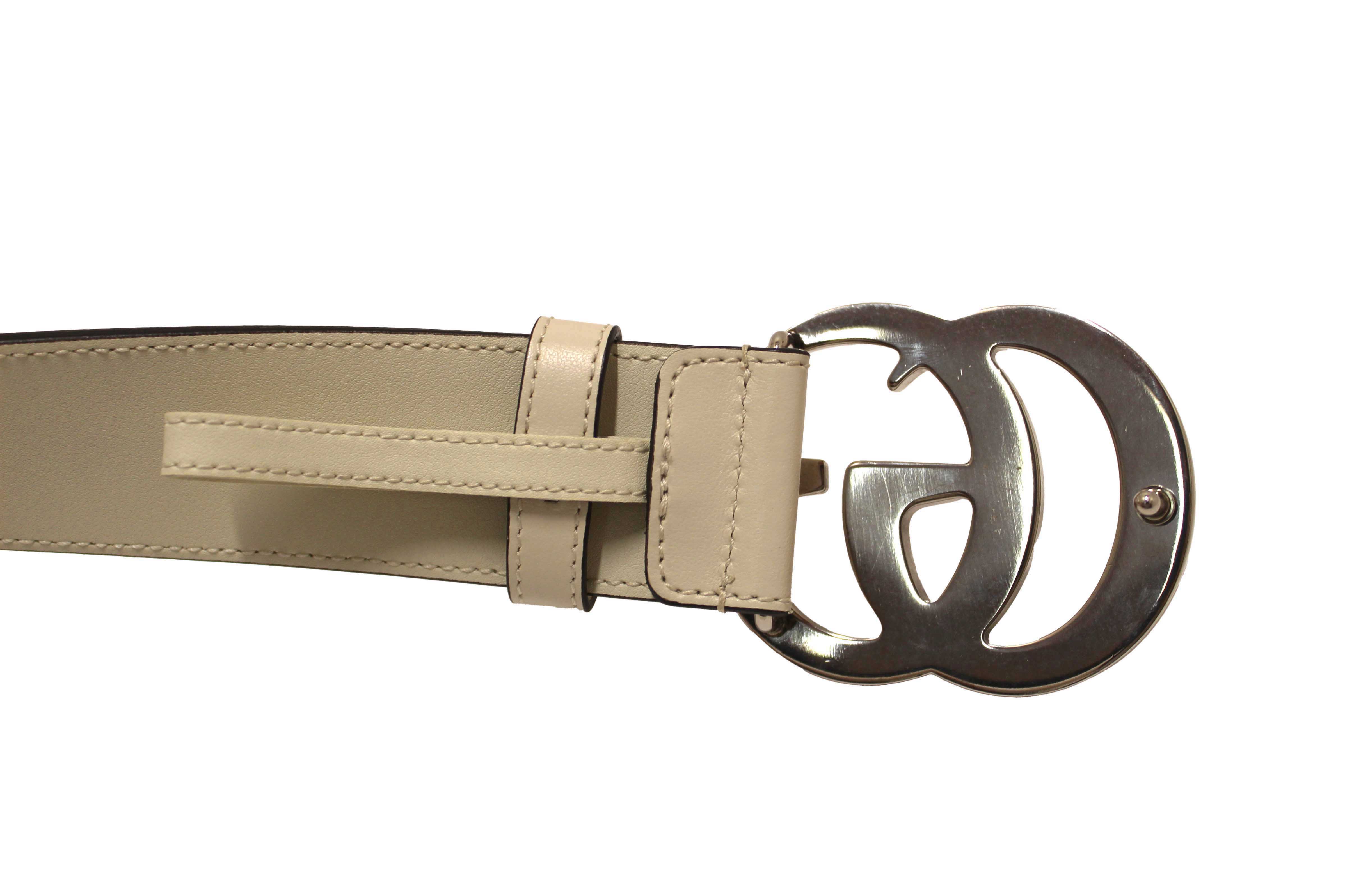 Authentic Gucci White Smooth Leather GG Marmont with Maxi GG Belt Size 75