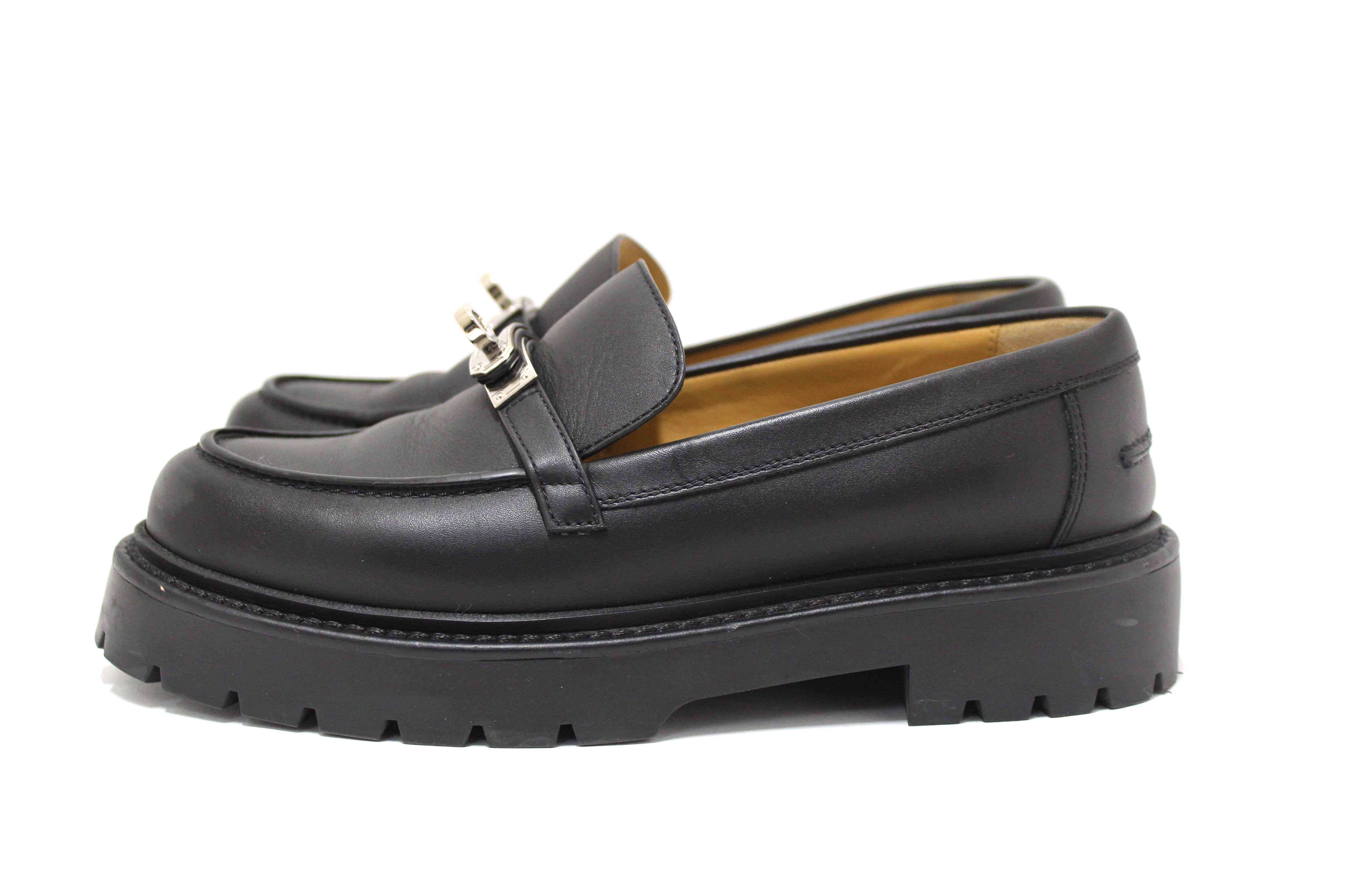 Authentic Hermes Black Calfskin Leather Icone Loafer Shoes Size 37