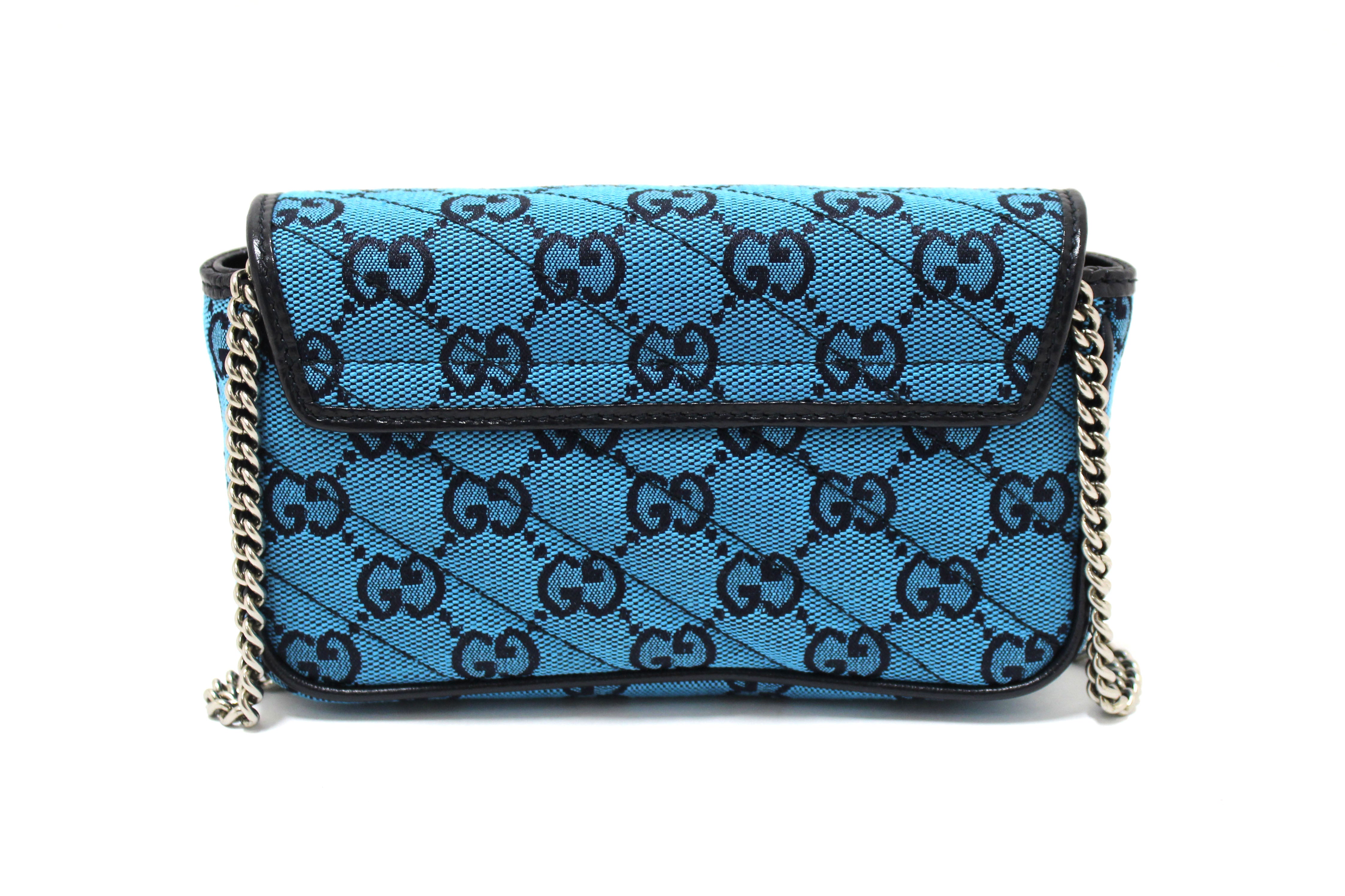 Authentic Gucci Blue Canvas Marmont Matelasse Super Mini Chain Bag 476433