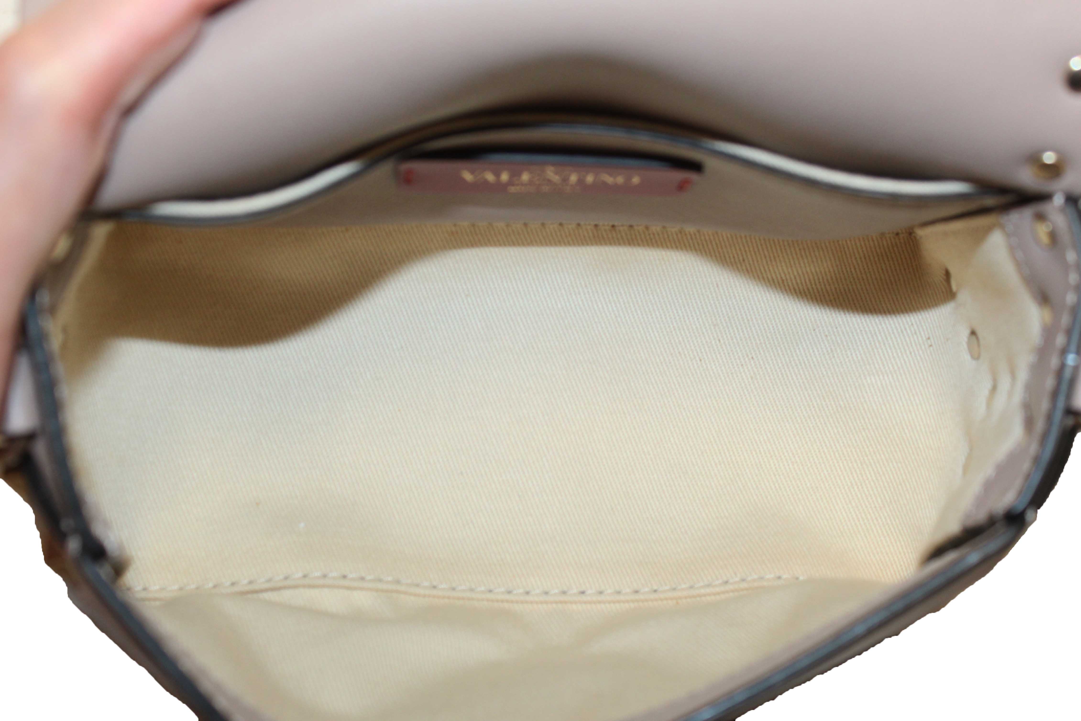 Authentic Valentino Garavani Beige Vitello Mini Rockstud Flap Saddle Crossbody Bag