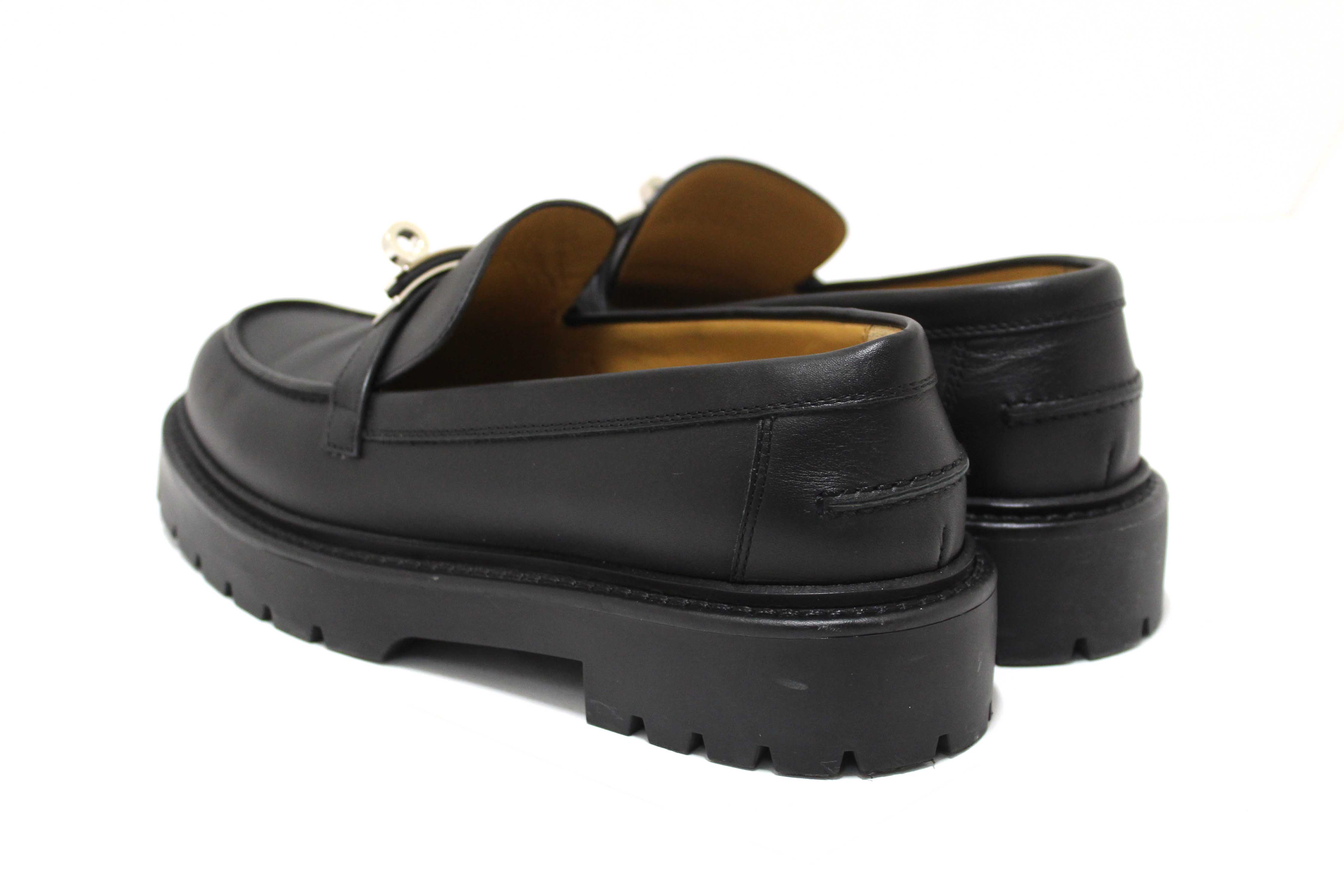 Authentic Hermes Black Calfskin Leather Icone Loafer Shoes Size 37