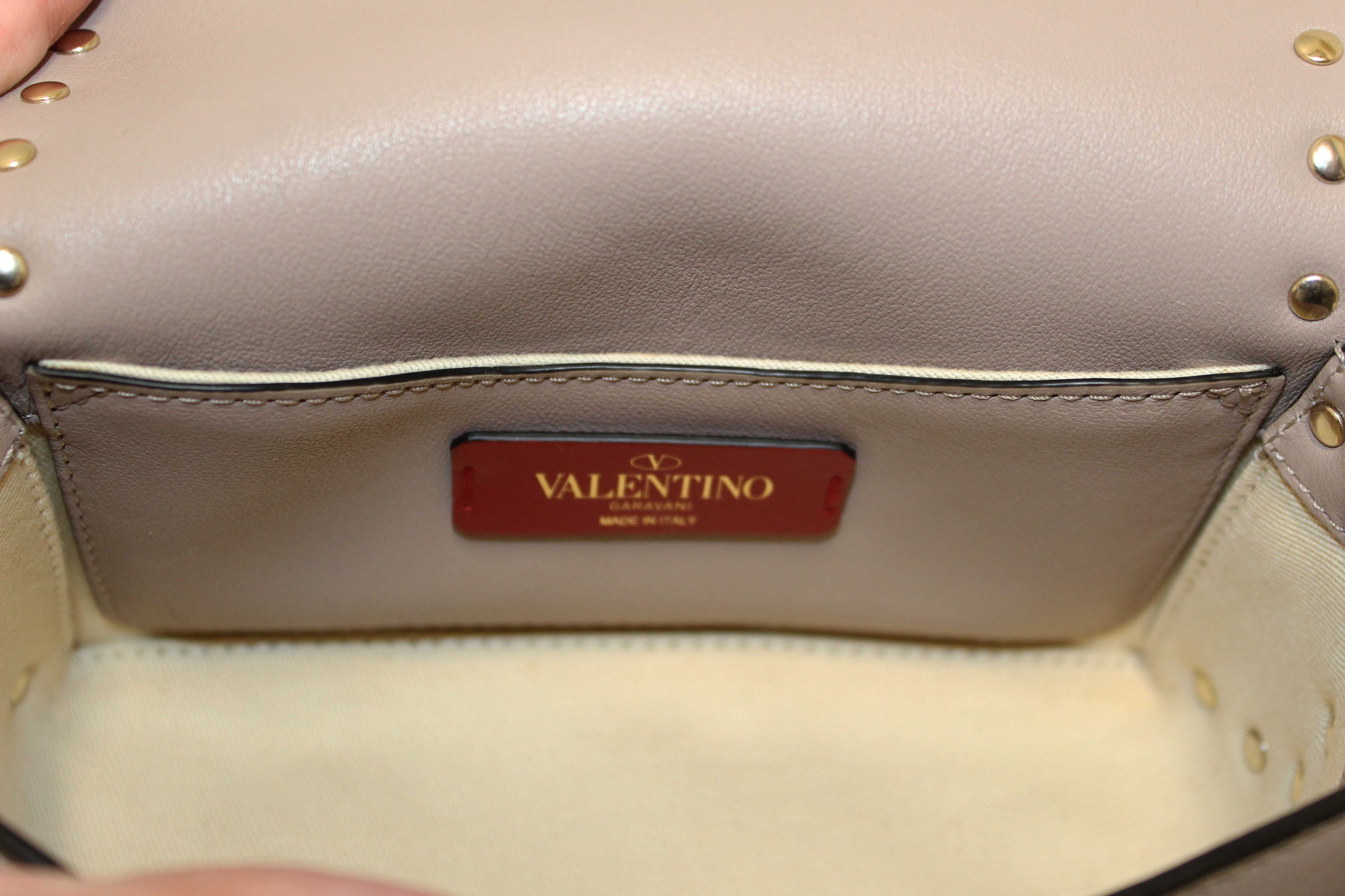 Authentic Valentino Garavani Beige Vitello Mini Rockstud Flap Saddle Crossbody Bag