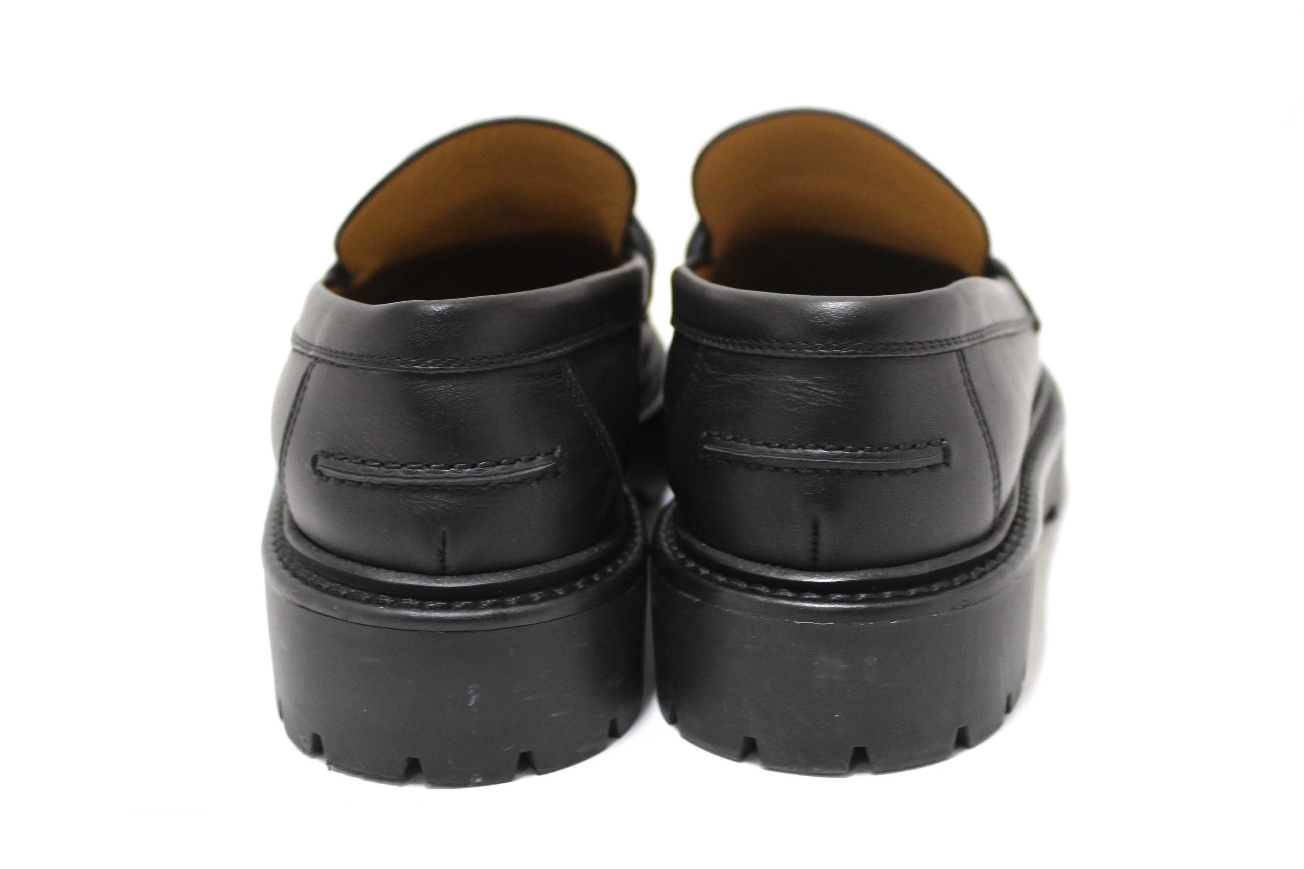 Authentic Hermes Black Calfskin Leather Icone Loafer Shoes Size 37