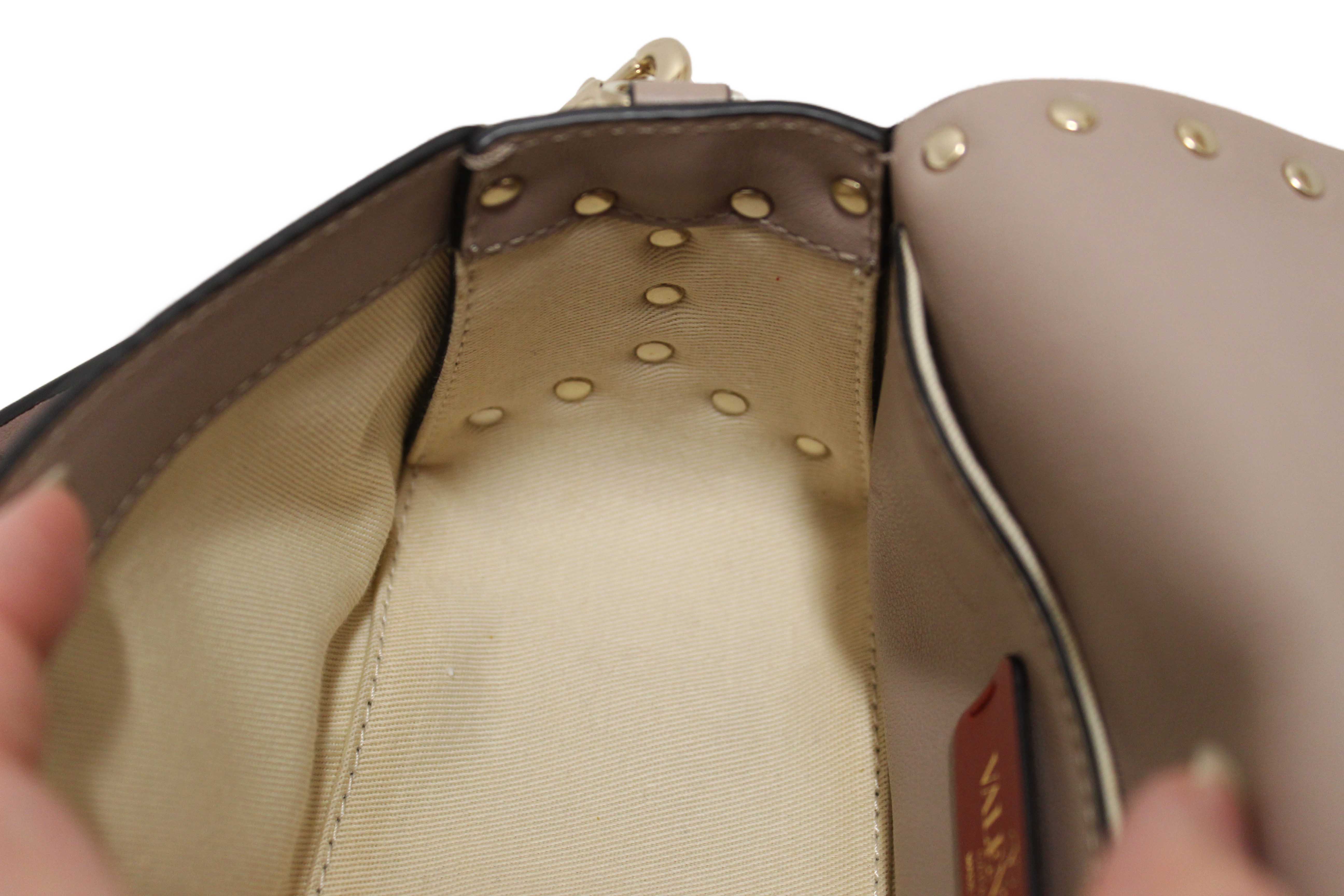 Authentic Valentino Garavani Beige Vitello Mini Rockstud Flap Saddle Crossbody Bag