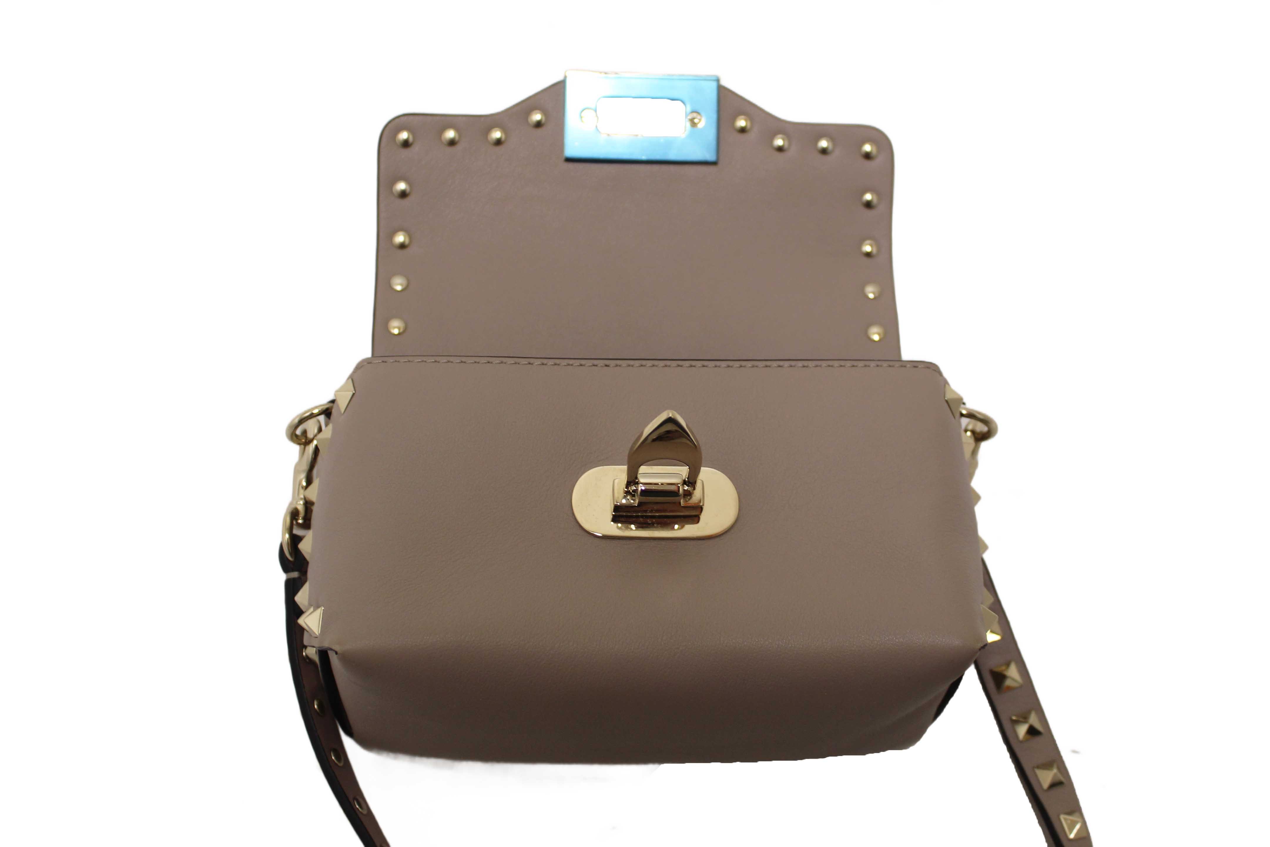 Authentic Valentino Garavani Beige Vitello Mini Rockstud Flap Saddle Crossbody Bag