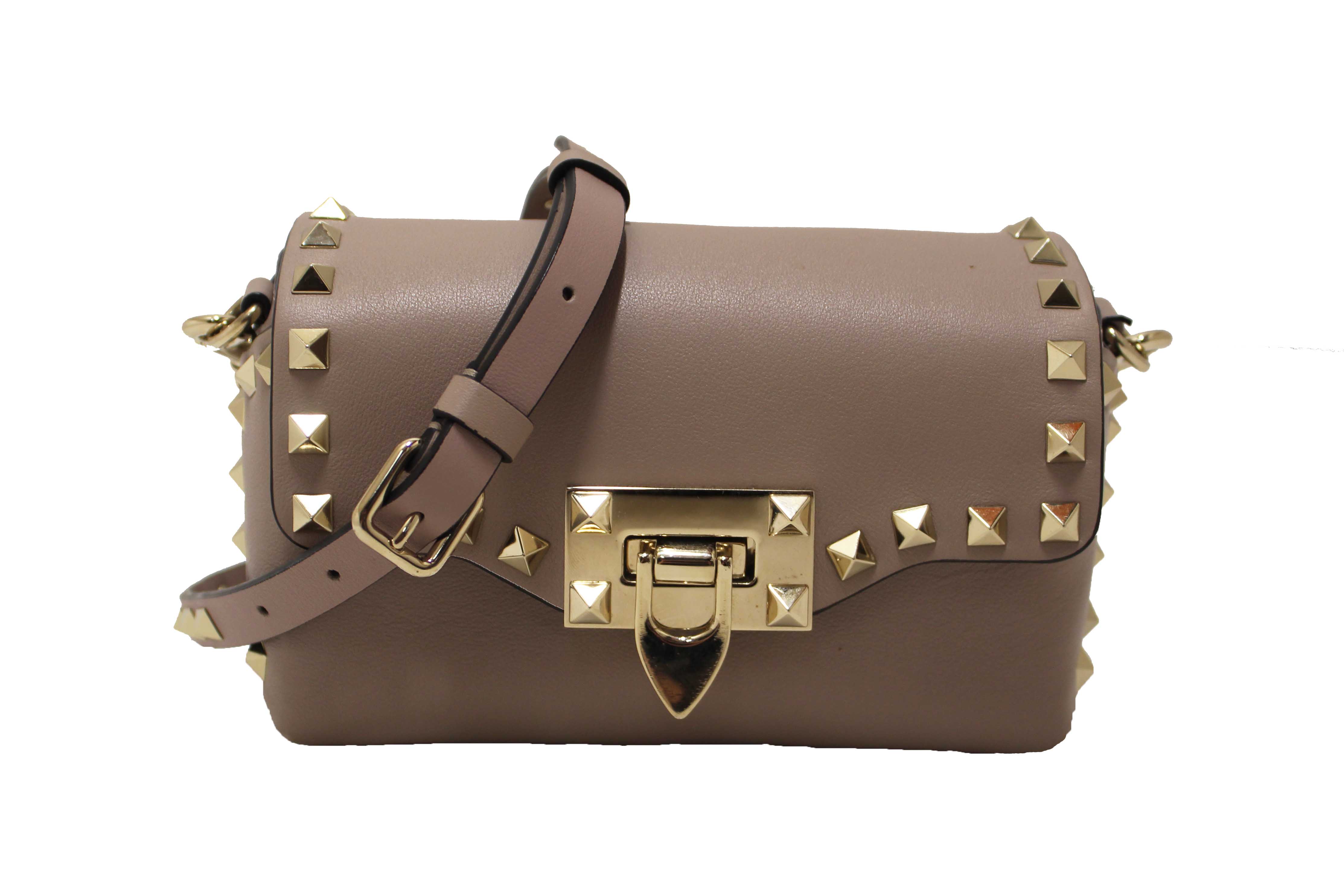 Authentic Valentino Garavani Beige Vitello Mini Rockstud Flap Saddle Crossbody Bag