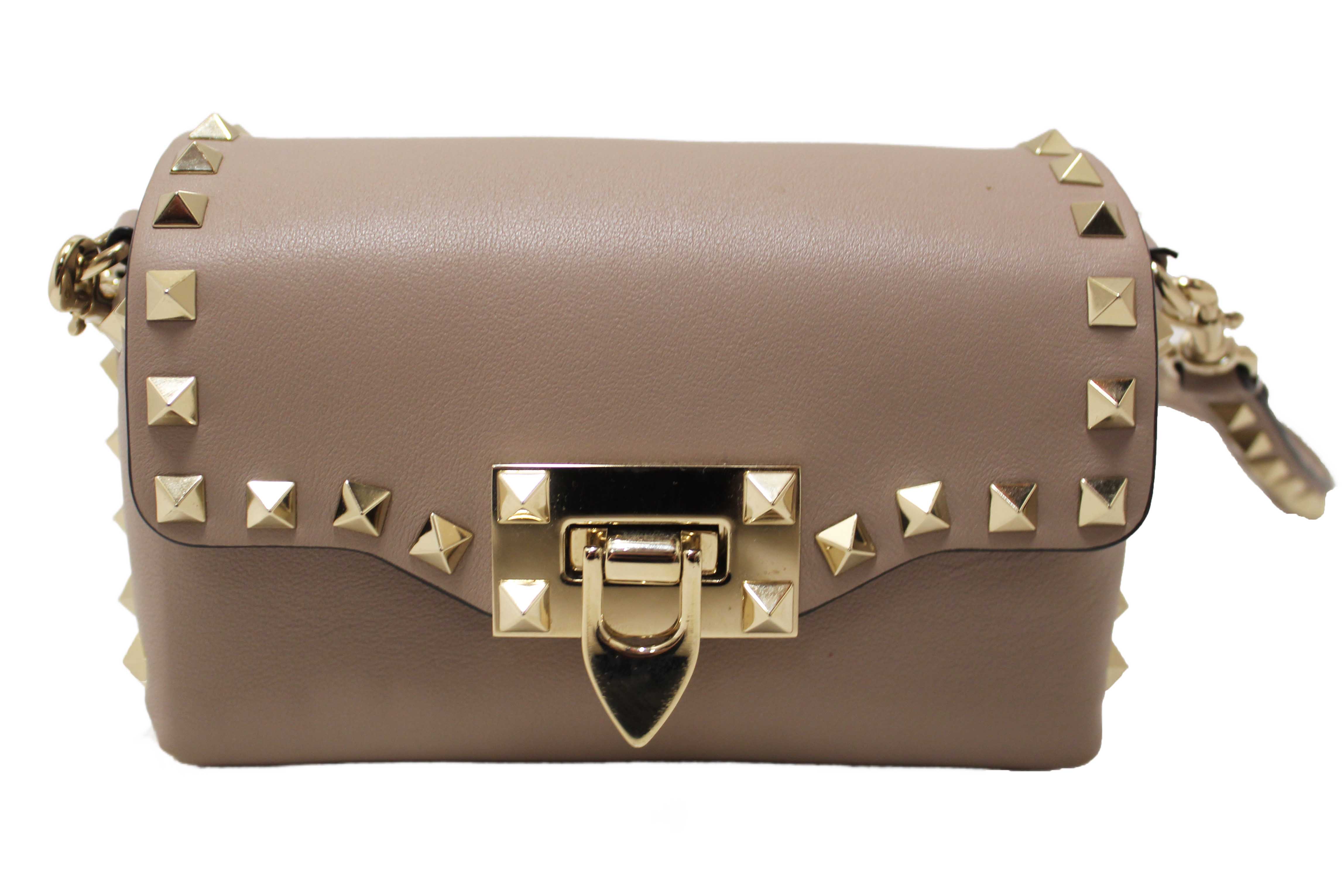 Authentic Valentino Garavani Beige Vitello Mini Rockstud Flap Saddle Crossbody Bag