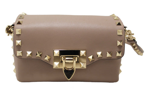 Authentic Valentino Garavani Beige Vitello Mini Rockstud Flap Saddle Crossbody Bag