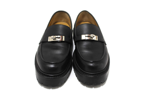 Authentic Hermes Black Calfskin Leather Icone Loafer Shoes Size 37