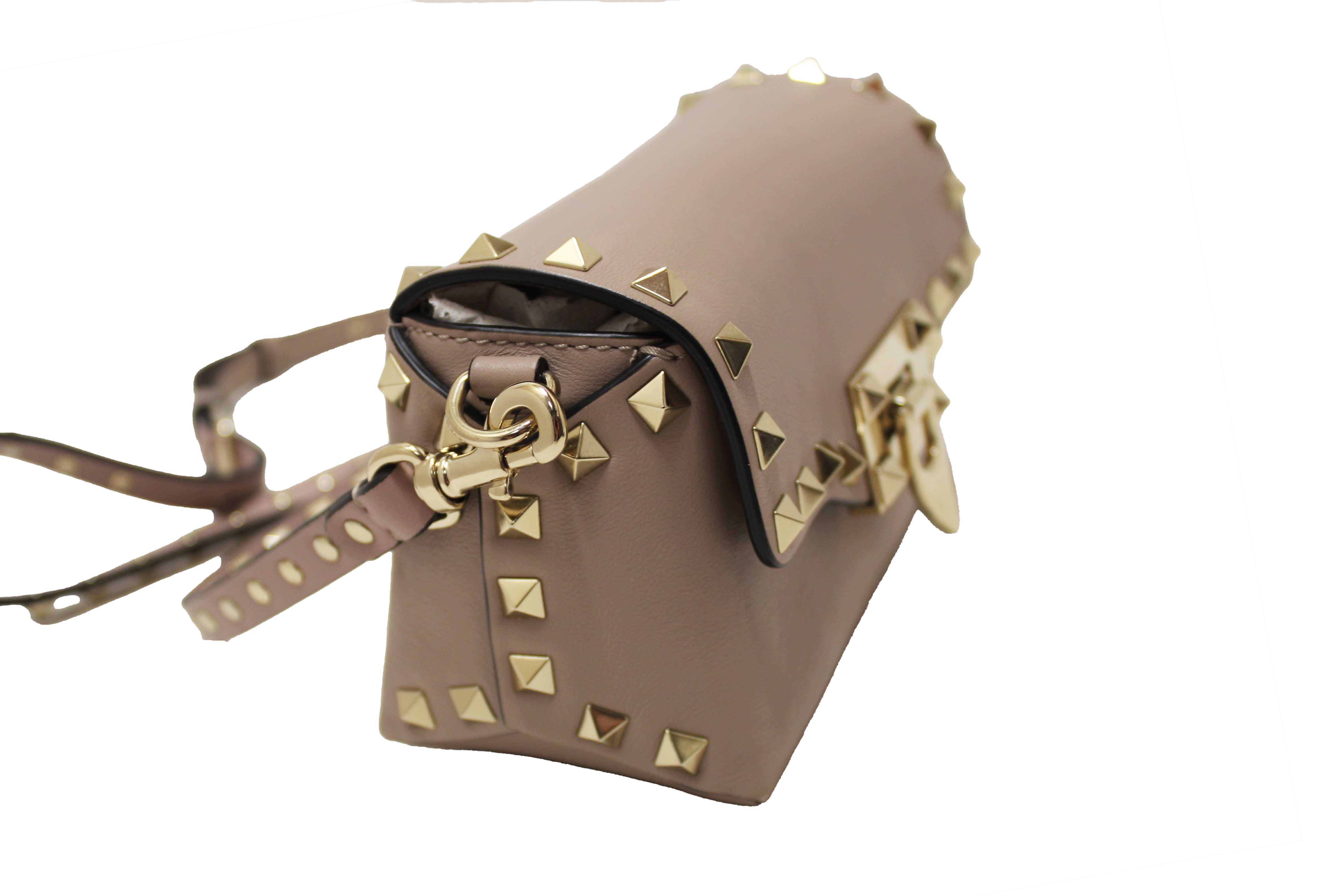 Authentic Valentino Garavani Beige Vitello Mini Rockstud Flap Saddle Crossbody Bag