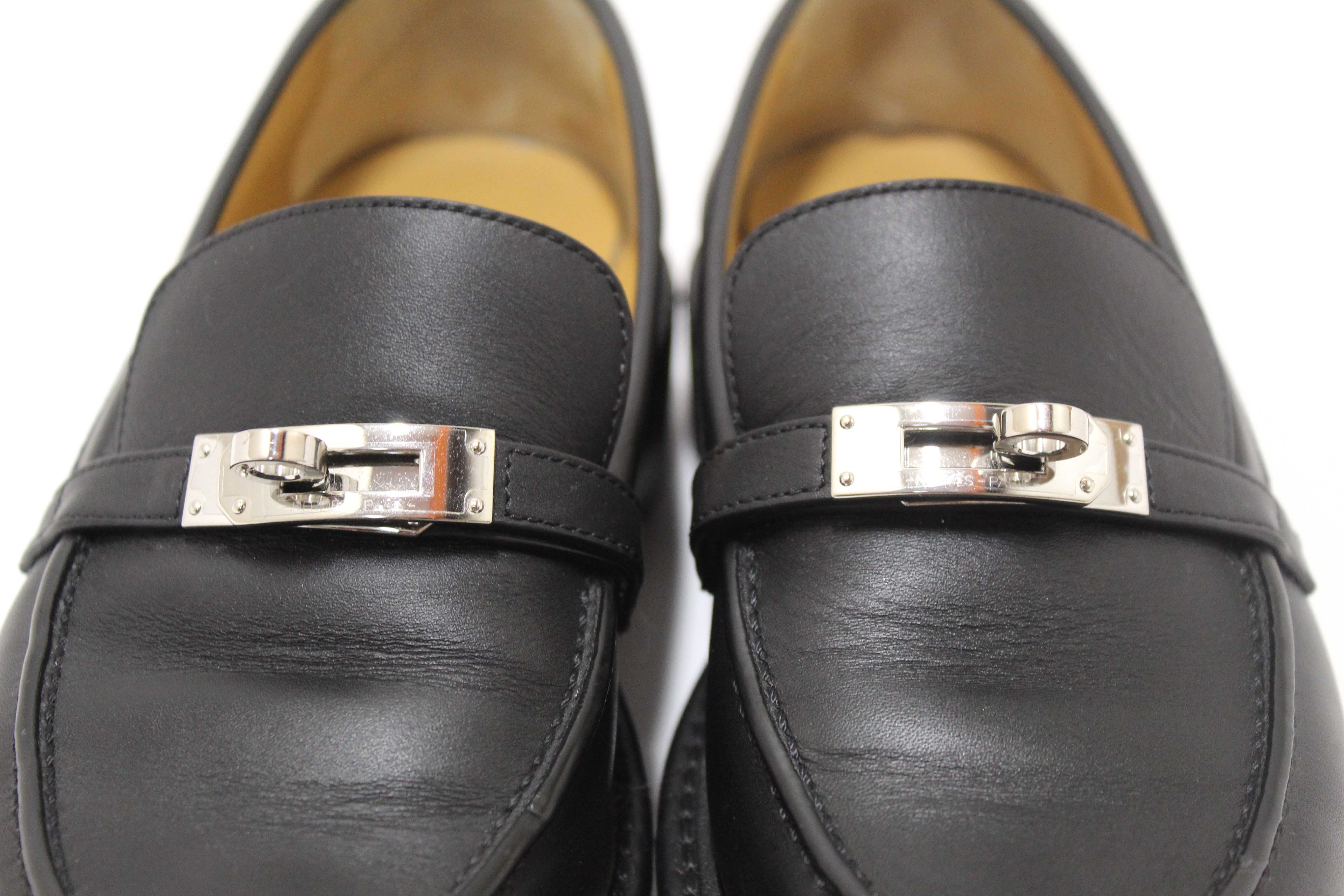 Authentic Hermes Black Calfskin Leather Icone Loafer Shoes Size 37