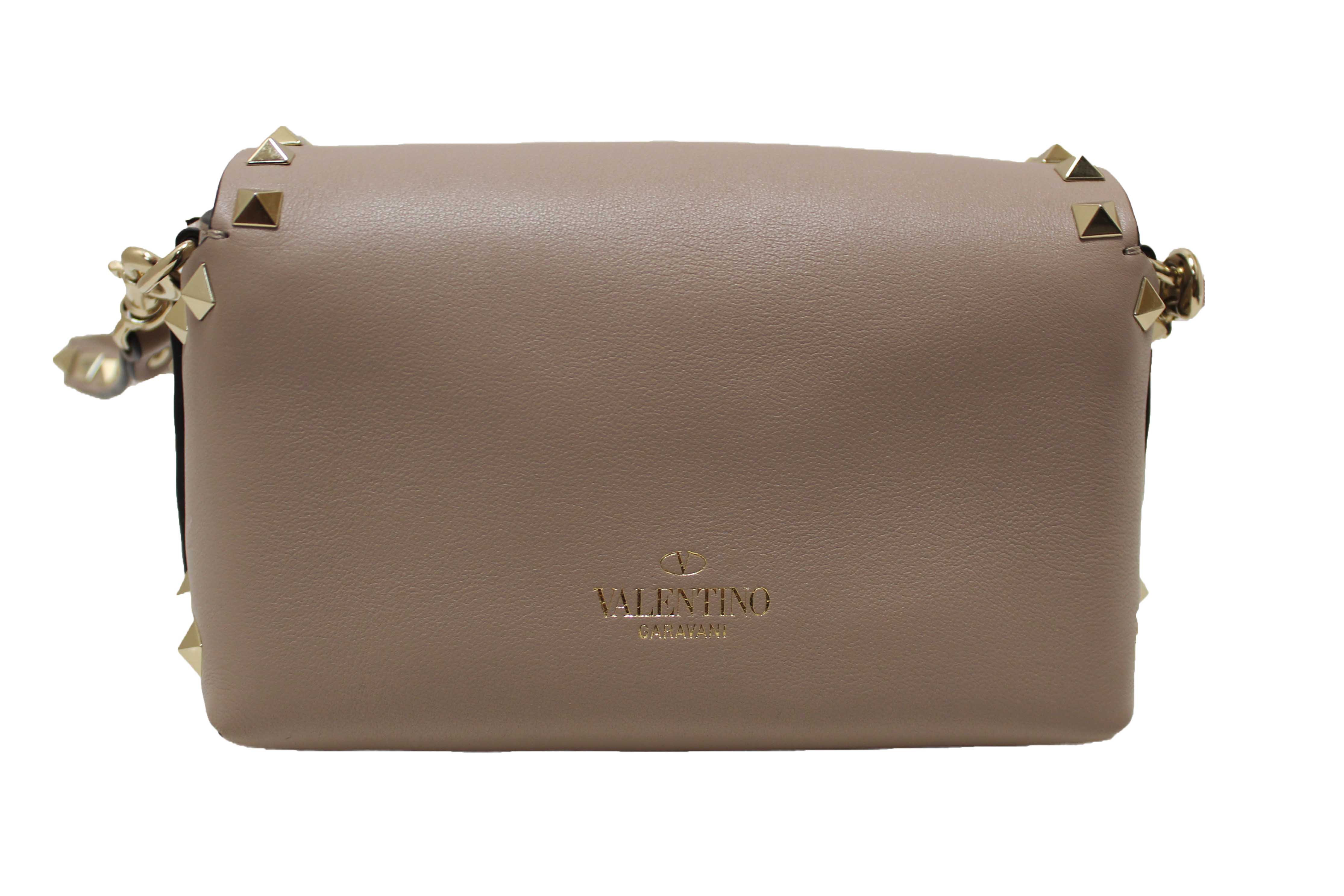 Authentic Valentino Garavani Beige Vitello Mini Rockstud Flap Saddle Crossbody Bag