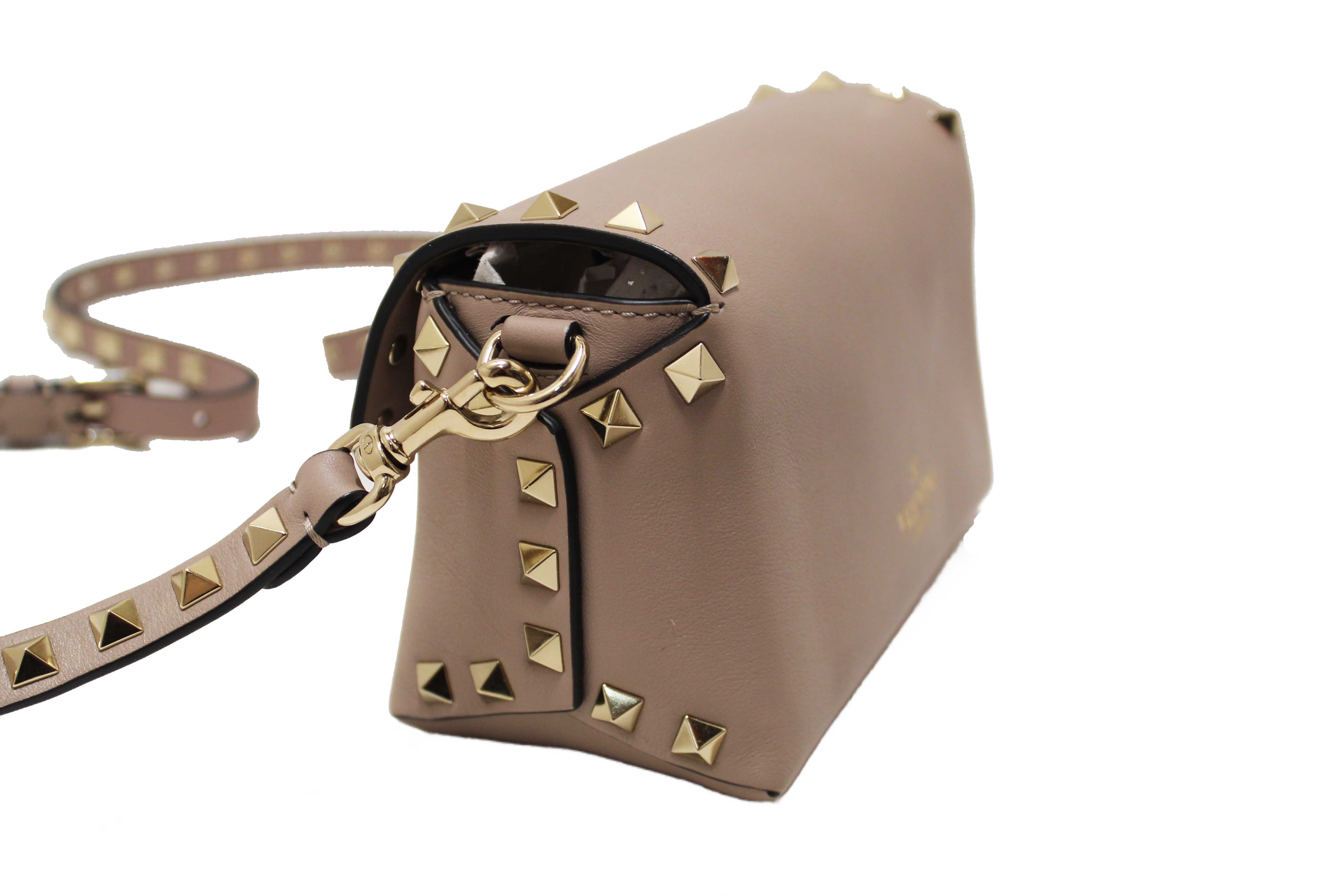 Authentic Valentino Garavani Beige Vitello Mini Rockstud Flap Saddle Crossbody Bag