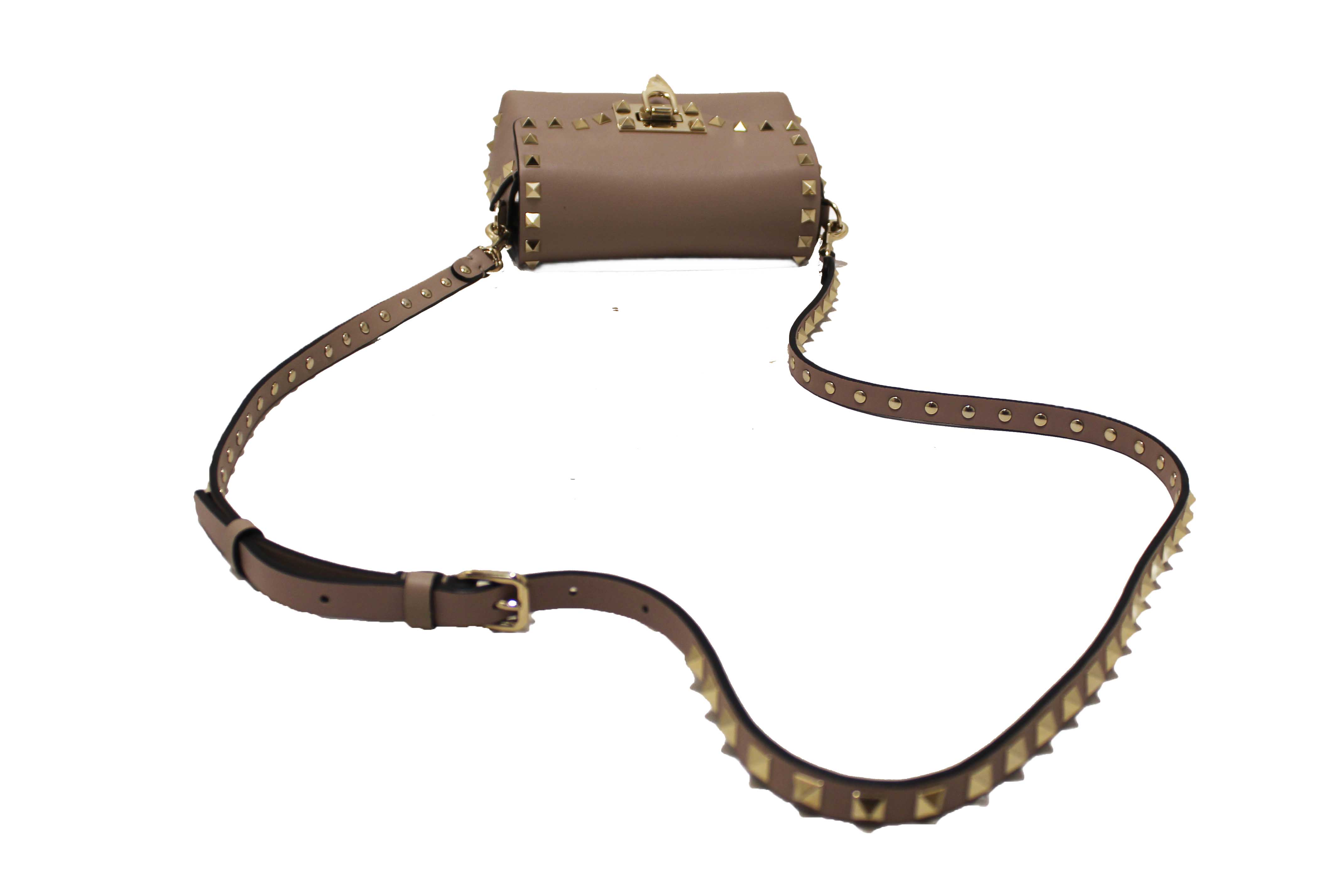Authentic Valentino Garavani Beige Vitello Mini Rockstud Flap Saddle Crossbody Bag