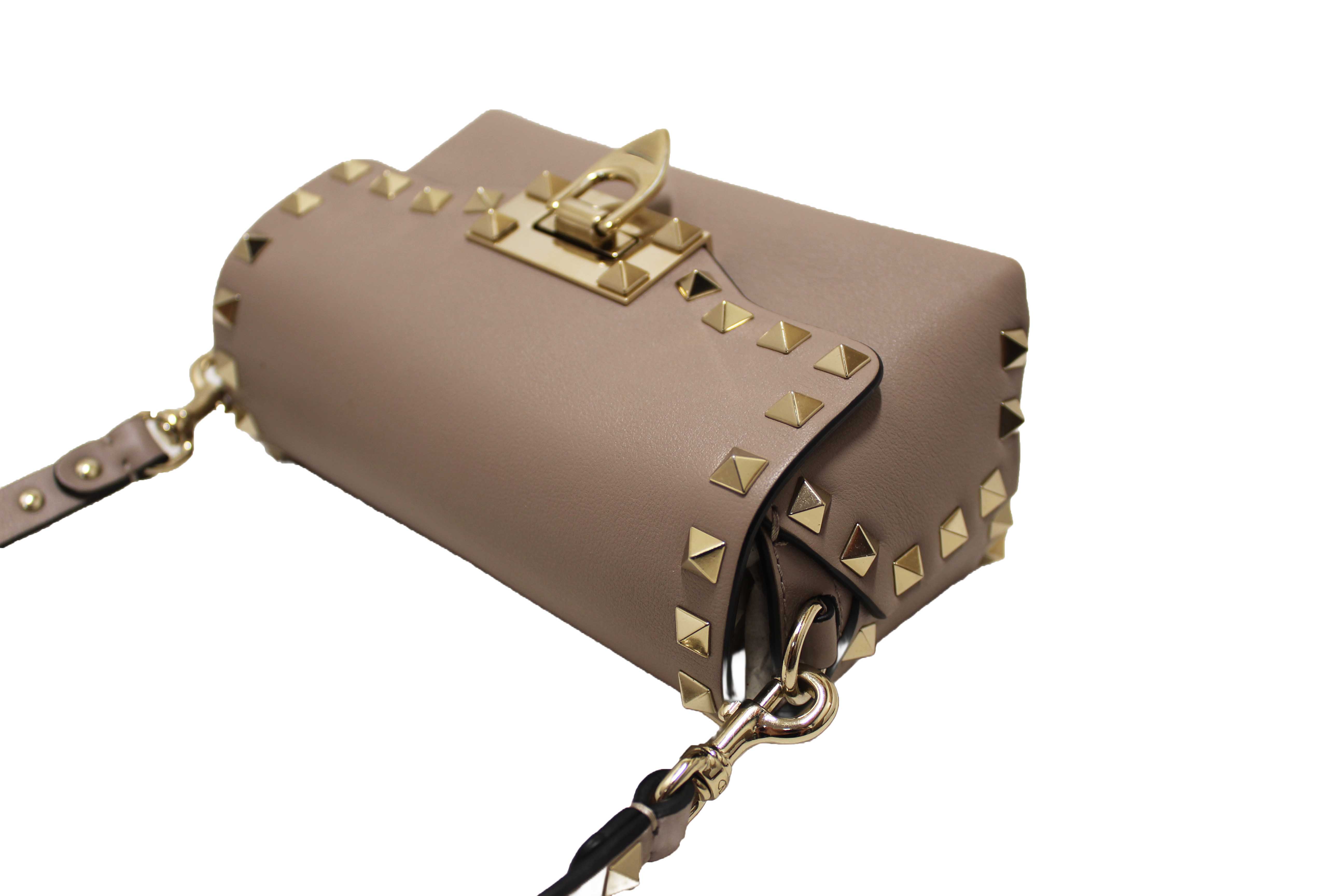 Authentic Valentino Garavani Beige Vitello Mini Rockstud Flap Saddle Crossbody Bag